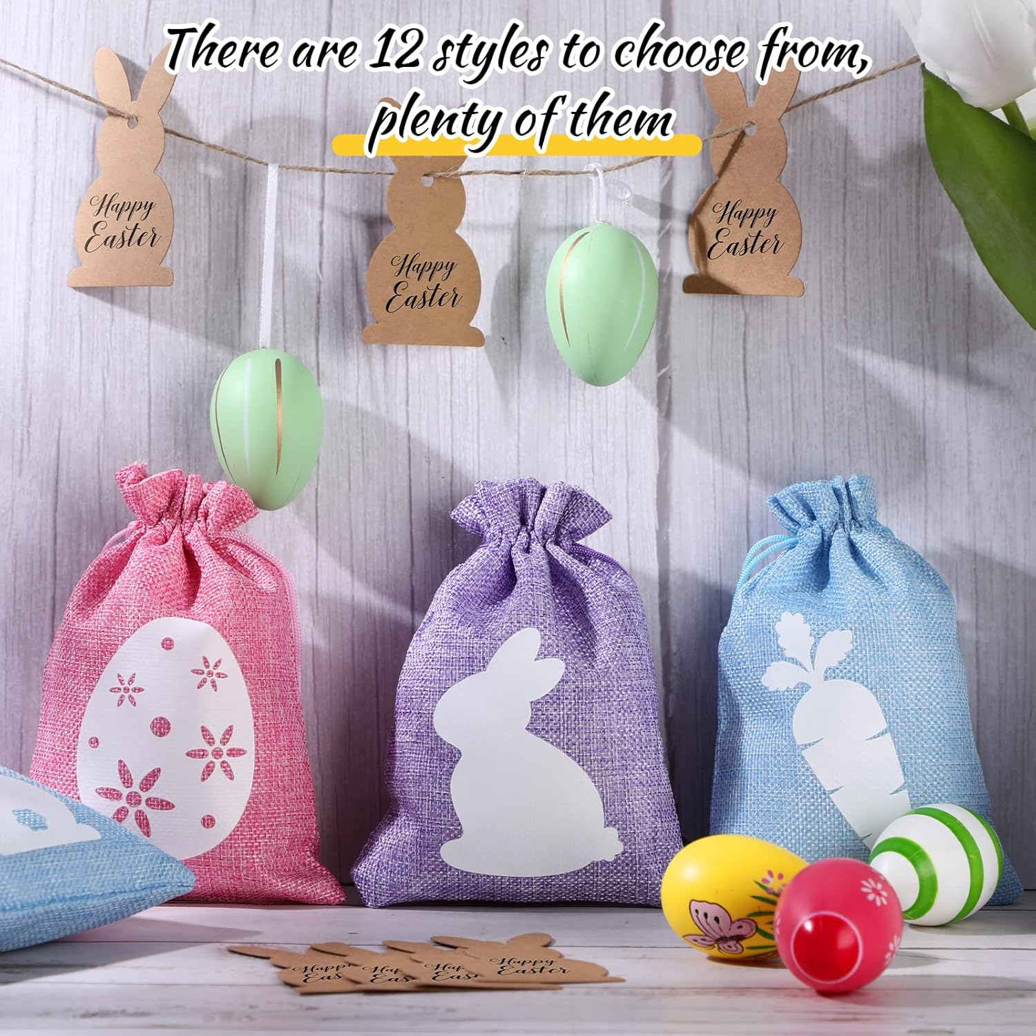 24 Pcs Easter Burlap Drawstring Bags Easter Burlap Bags with Drawstrings Bunny Linen Goody Gift Bags with Double Jute Drawstrings Easter Bags Burlap Easter Bunny Bags for Easter Party (Bright Style) - Cute Style image number 3