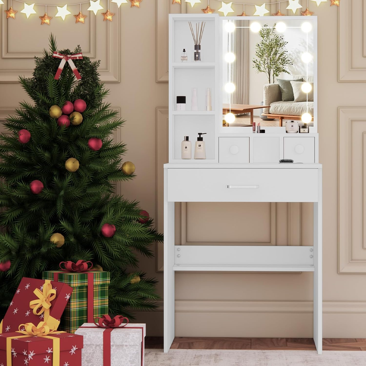 Small Vanity Desk with Mirror and Lights, 60Cm Dressing Table with 10 Dimmable Light Bulbs 3 Color Changing, Girls Makeup Desk Vanity Table White, Compact Vanity for Teens Teenager Bedroom image number 4