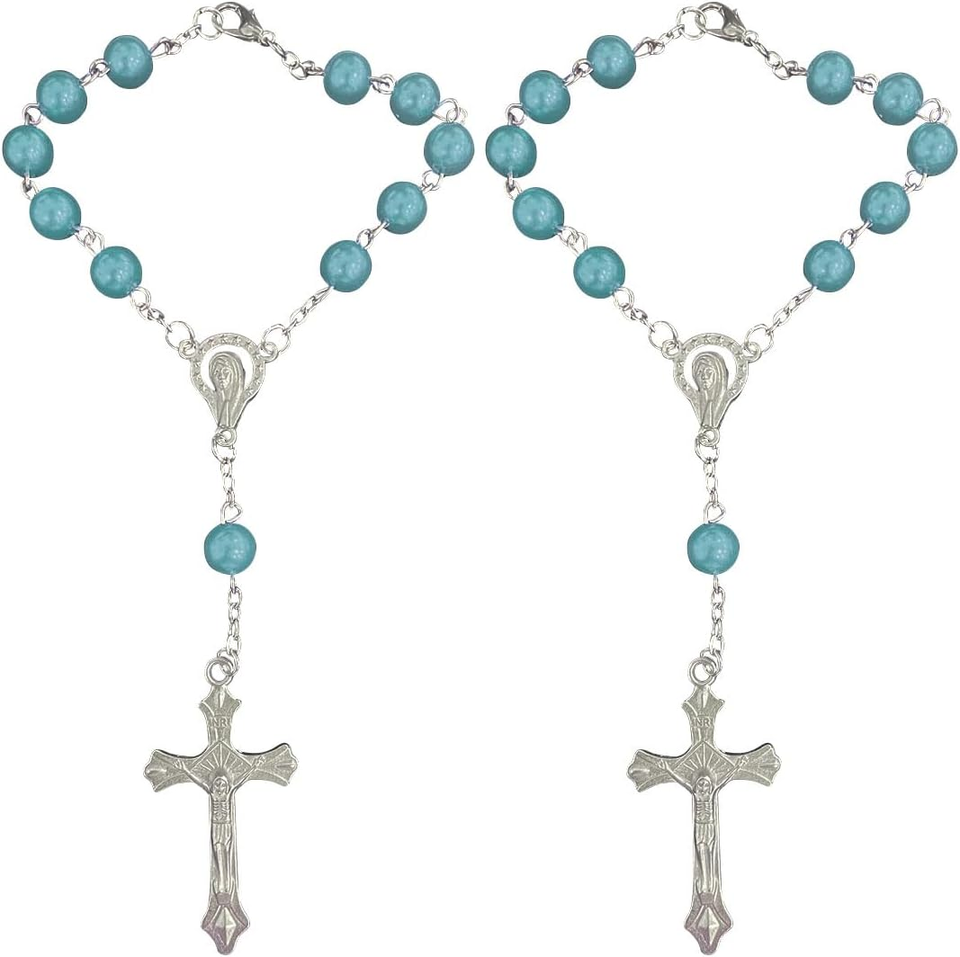 2PCS Rosary for Rearview Mirror, Purple Pendant Interior Charm Auto Decors, Medal and Cross Personalized Hanging Accessories for Women Men (Purple)