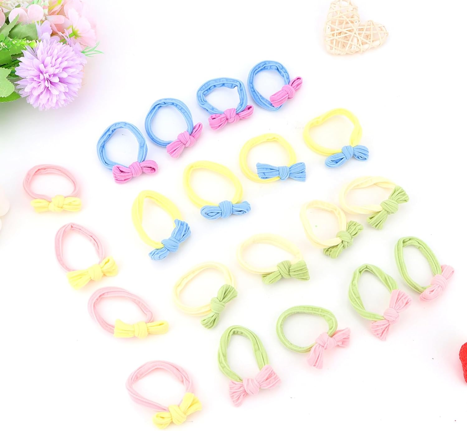 20 Thick Hair Rings with Candy Coloured Hair Bows