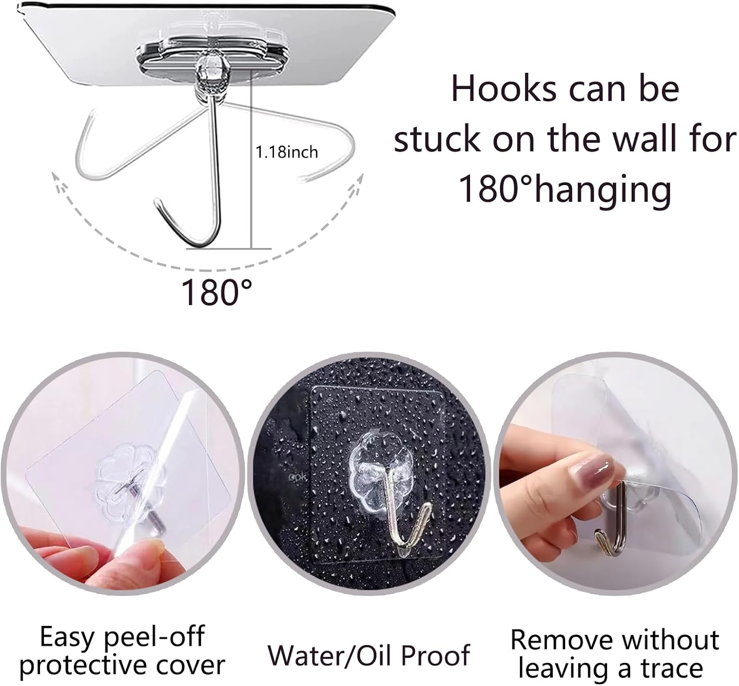 30-Pack Strong Adhesive Wall Hooks for Hanging Heavy Duty, Self Adhesive Towel Coat Hat Hook Bathroom Shower Organizer for Wall,Door,Closet Hanging Hooks, No Drilling (Transparent) image number 6