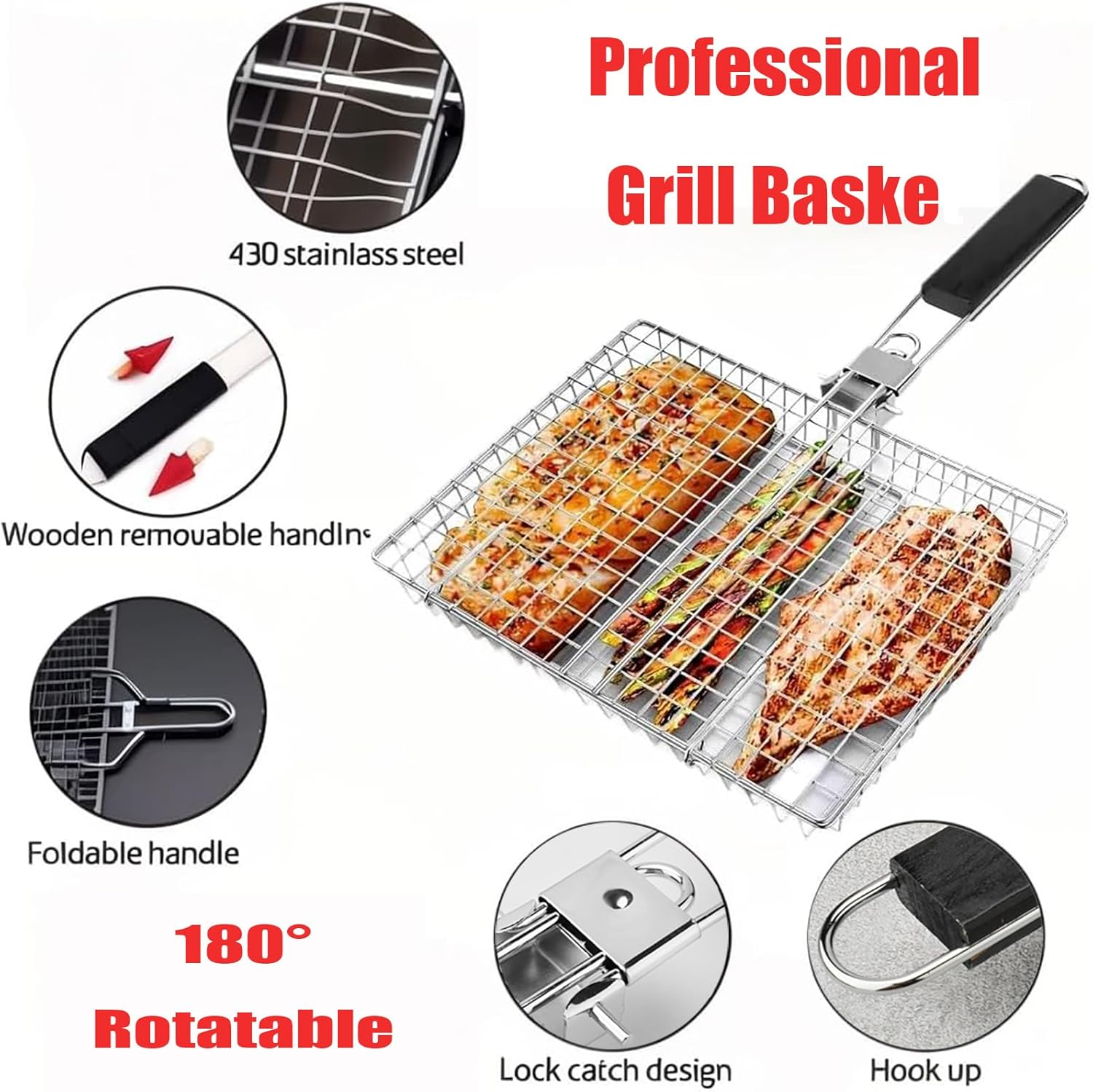 CHONYI Grill Basket Extra Large,Barbecue Accessories,Stainless Steel BBQ Grill Basket Portable Camping Grilling Rack with Removable Handle for Fish,Vegetables,Grilling Gifts for Men, Dad (32*23*4CM) image number 5