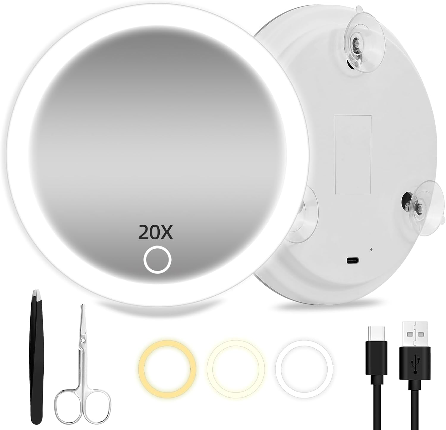 20X Magnifying Mirror with Light, Large 6Inch 20X Makeup Magnification, Travel Magnified Mirror with 3 Color Lights & Suction Cups, with Tweezers and Scissors - Perfect for Makeup & Close-Up Tasks image number 6