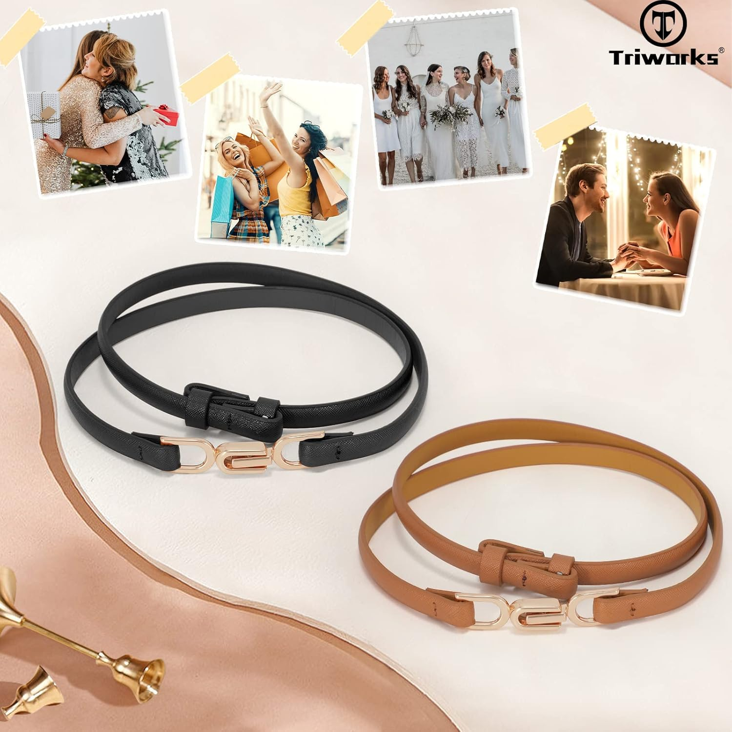 TRIWORKS Women Leather Skinny Belt 2 Pack Adjustable Belts Ladies Thin Waist Belts for Dresses, Black+Brown