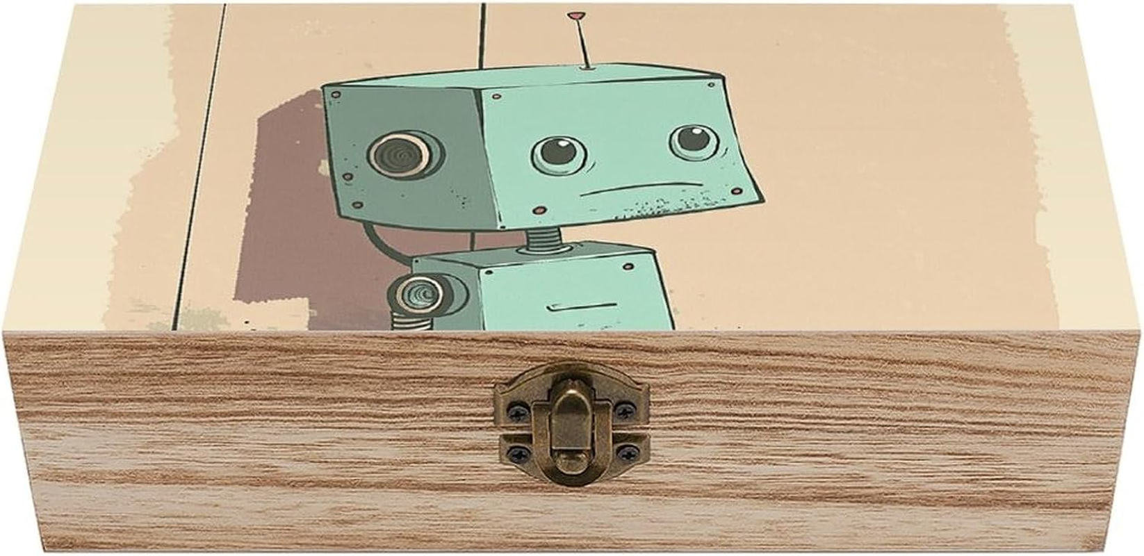 Robot in the Corner Wooden Box Wood Wedding Keepsake Boxes with Lids Small Decorative Boxes Lightweight Wooden Memory Storage Box for Crafts Keepsakes Jewelry Photo Letter Storage image number 1