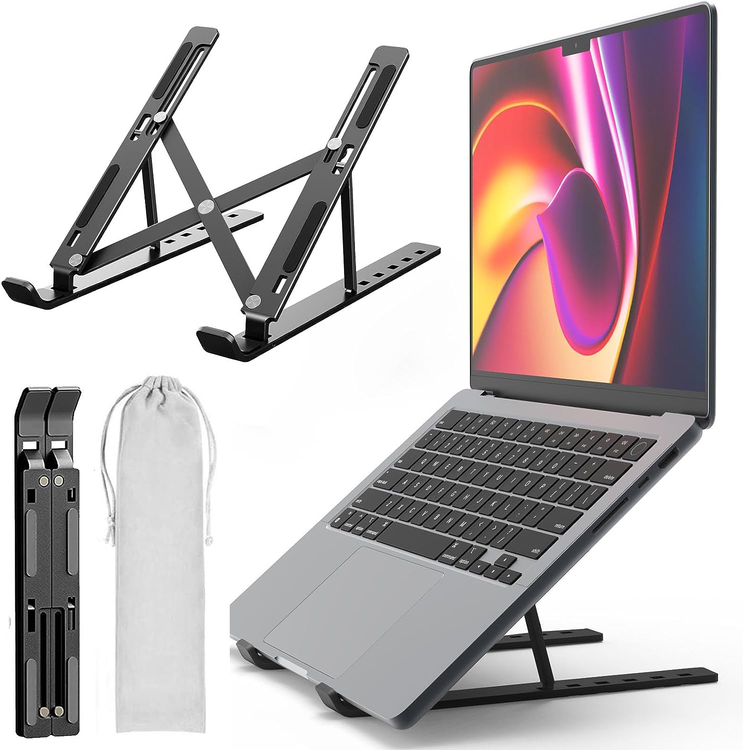 Ekvinor Laptop Holder Riser Computer Tablet Stand 6 Angles Adjustable Aluminum Ergonomic Foldable Portable Desktop Holder Compatible for Macbook Ipad HP Dell 10-15.6&rdquo; Black