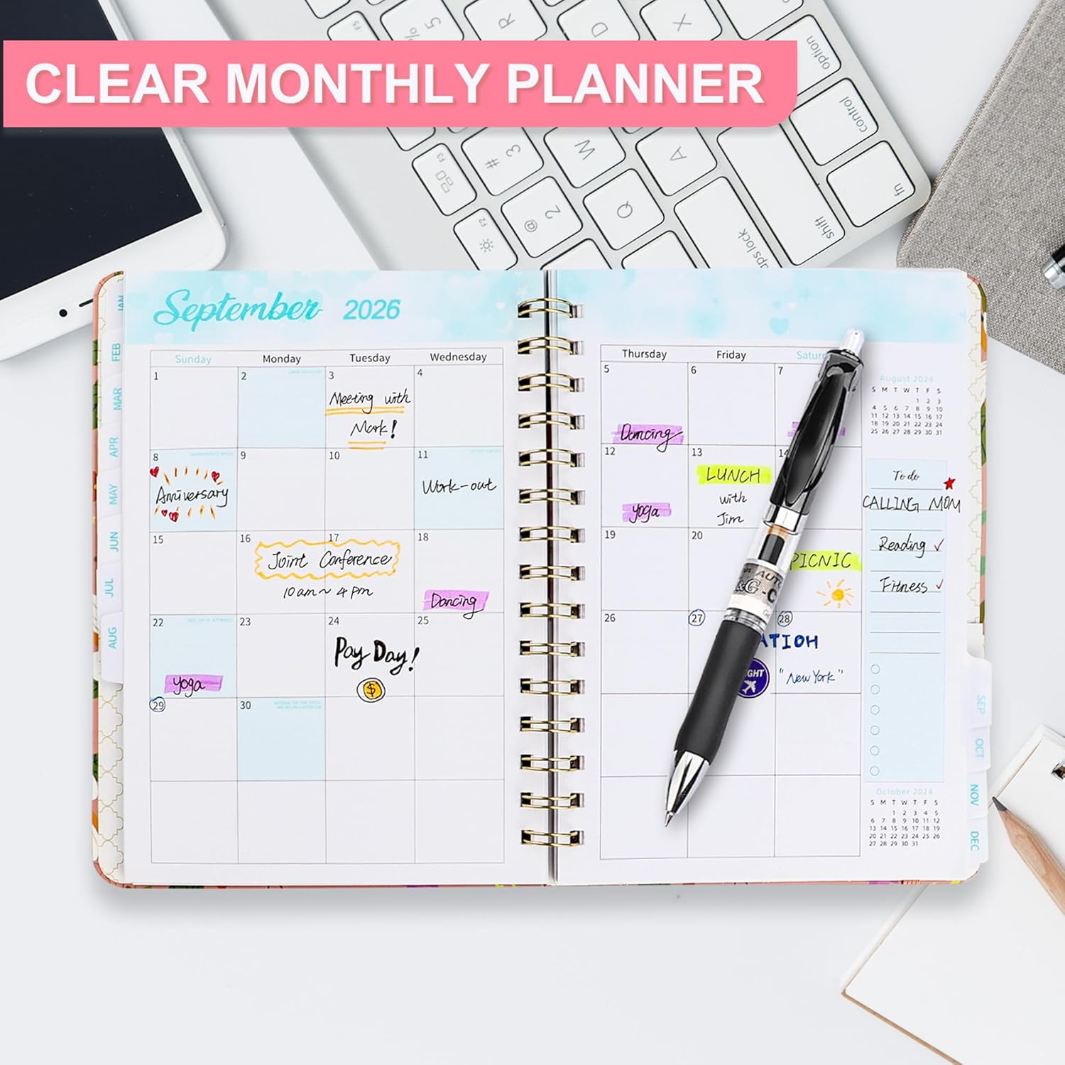 Junart 2026 Academic Diary A5 Week to View from January to December 2025 Weekly & Monthly Planner,Teacher Planner,Academic Year Diaries with Elastic Strap(Violet) - 2026 Epiphyllum image number 2