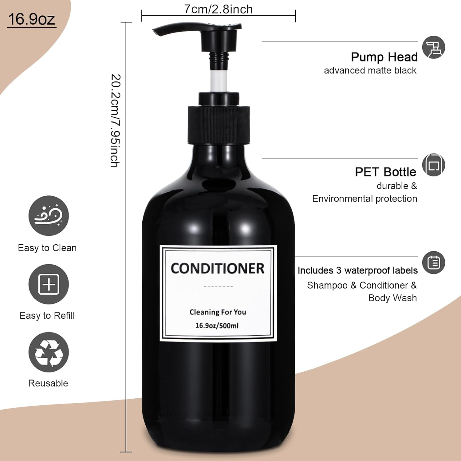 Yeeco 16.9Oz/500Ml Hand Soap Dispenser, Plastic Pump Bottles Dispenser with Waterproof Labels, Shampoo and Conditioner Dispenser for Liquid Soap, Kitchen, Bathroom, Commercial (3 Pack Black) image number 7