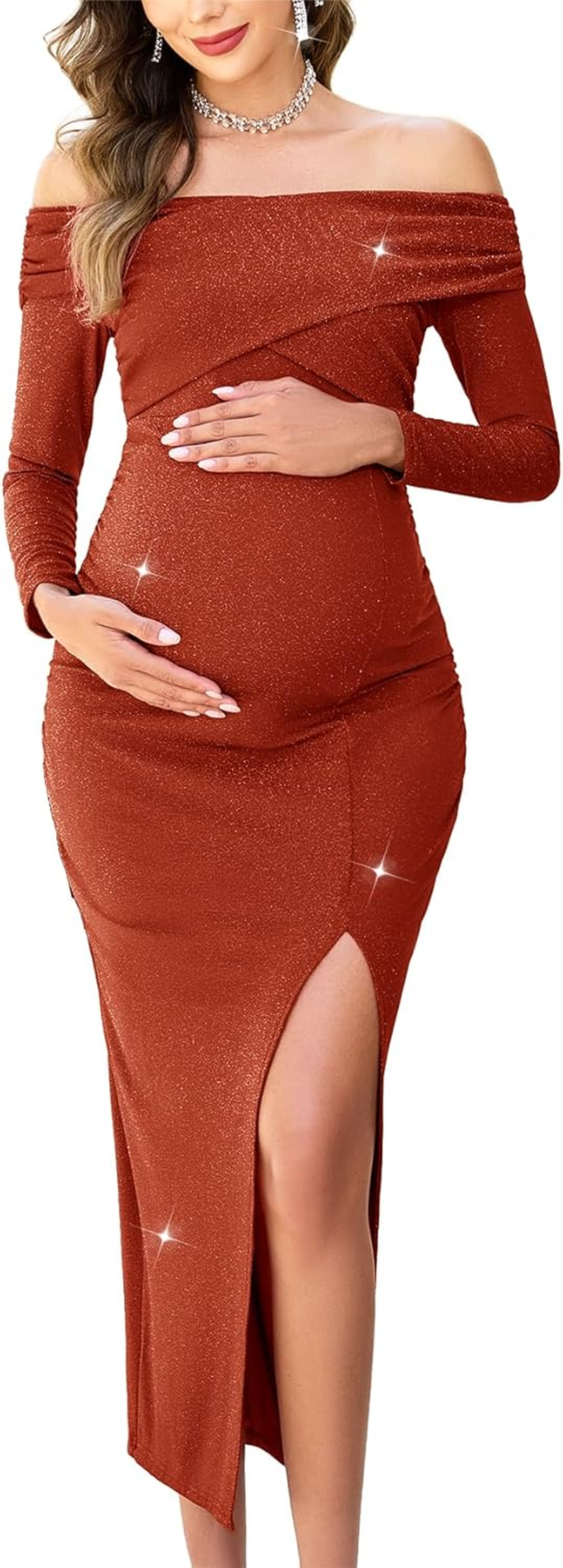 Off Shoulder Maternity Sparkly Split Dress Long Sleeve Fitted Pregnancy Dresses Semi Formal Baby Shower Photoshoot image number 3