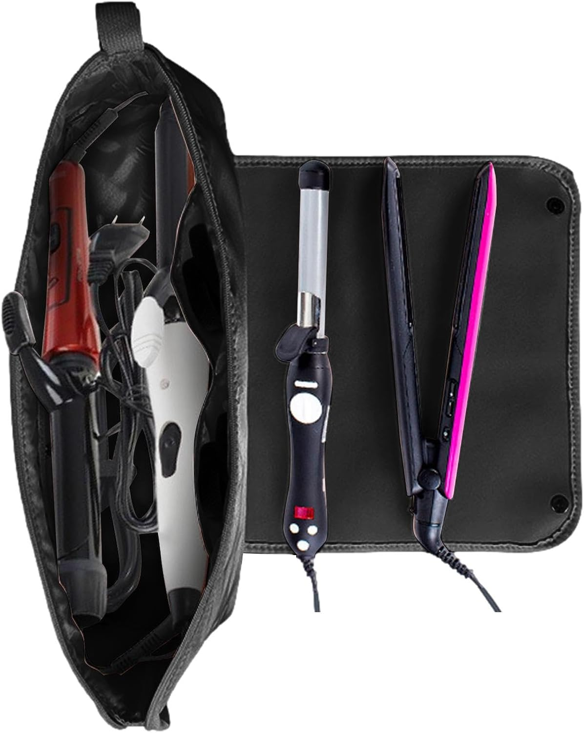 Hair Straightener Bag - Divided Zippered Waterproof Curling Iron Case - Dustproof Tool Holder for Hair Dryer, Portable Flat Iron with Strap