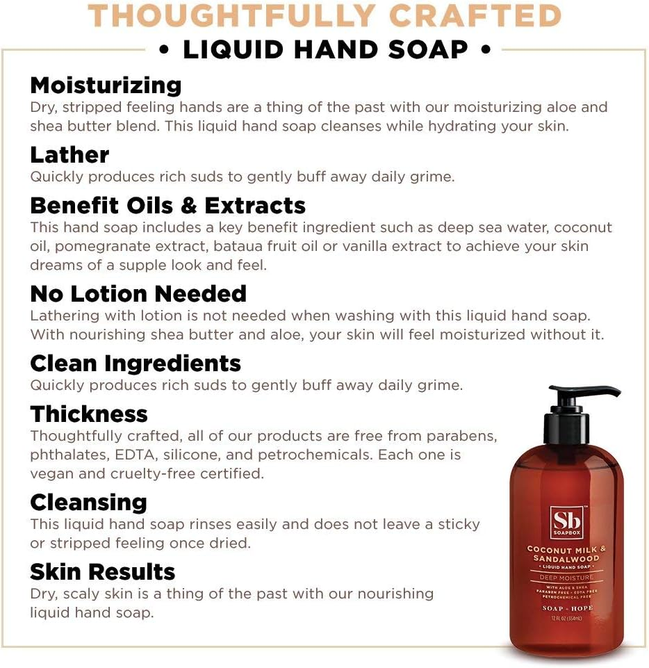 Soapbox Liquid Hand Soap, Coconut Milk & Sandalwood, Gentle & Moisturizing Hand Wash for Kitchen and Bathroom, Vegan & Cruelty Free Scented Hand Soap 12 Ounce Pump Bottles (Pack of 3)