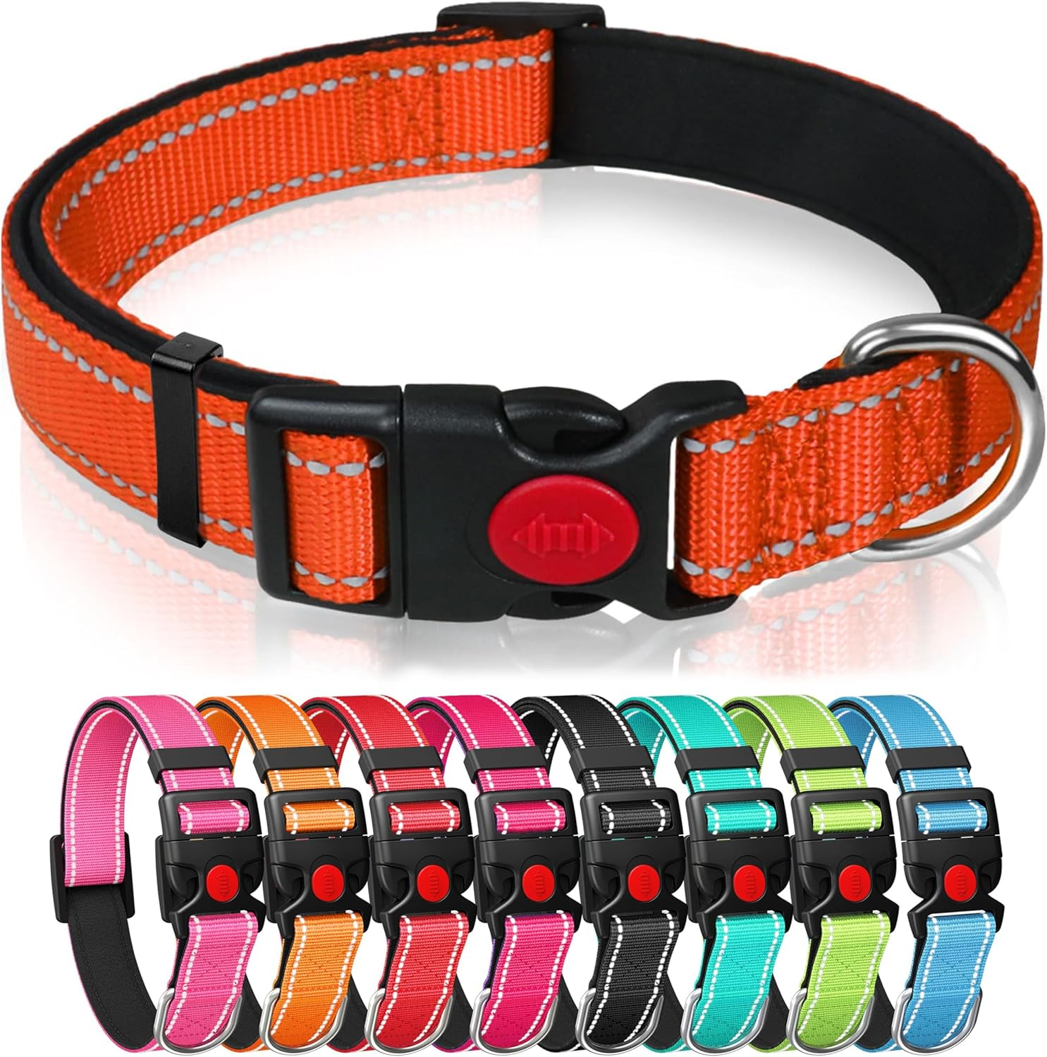 Reflective Nylon Dog Collar with Safety Buckle, Adjustable Pet Collars with Soft Neoprene Padding (Orange, M) image number 5