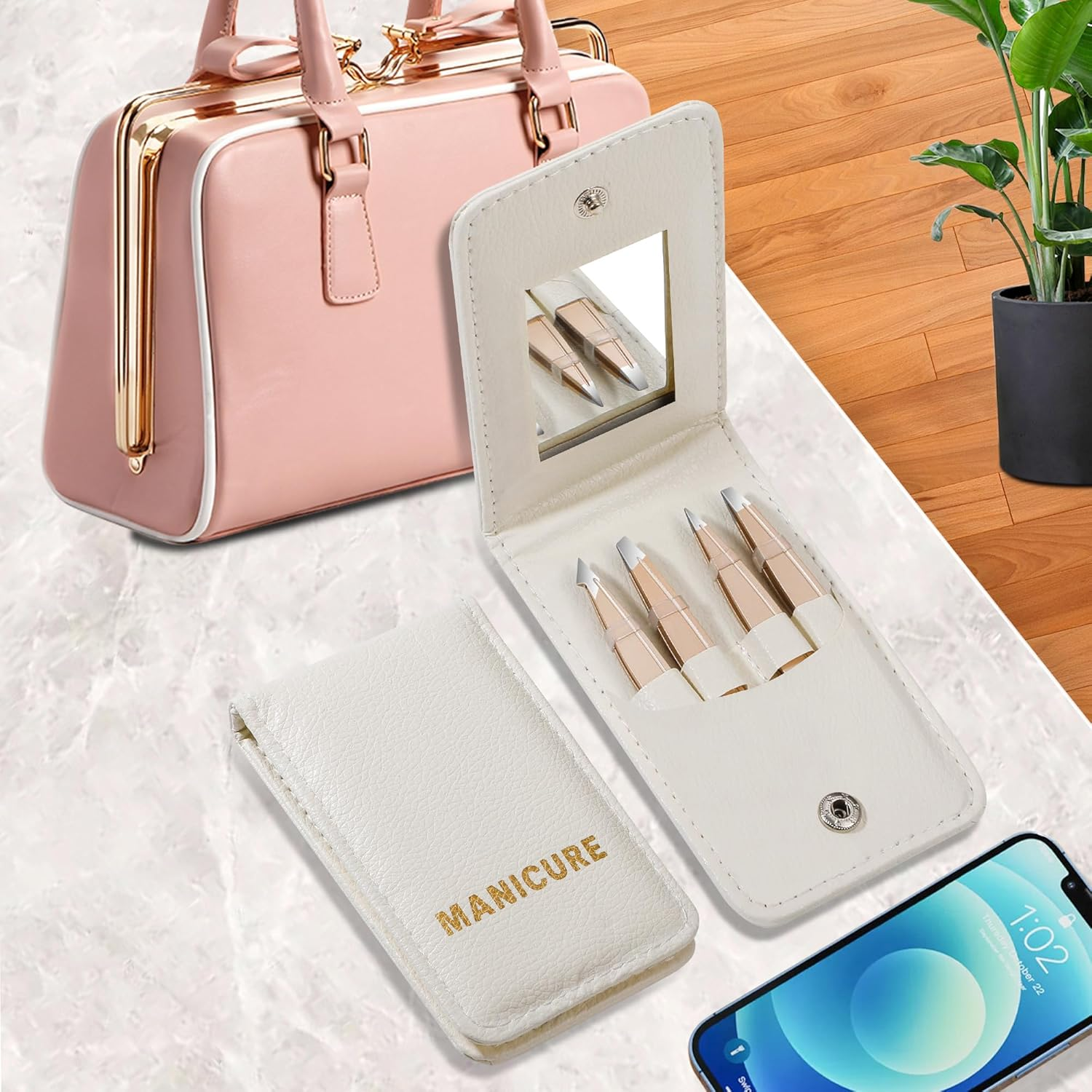 Tweezers Set for Women Facial Hair: 4Pcs Stainless Steel Eyebrow Tweezer Set with Travel Mirror Case, Suitable for Everyday Use in Car, Purse image number 2