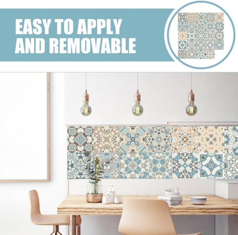 Bestonzon 24PCS Tile Stickers Stick Retro Style, 7.86Inch Wall Tiles Peel and Stick Adhesive Decals, Removable Decorative Tile Stickers Traditional DIY Murals Tile Stickers for Kitchen Bathroom image number 2