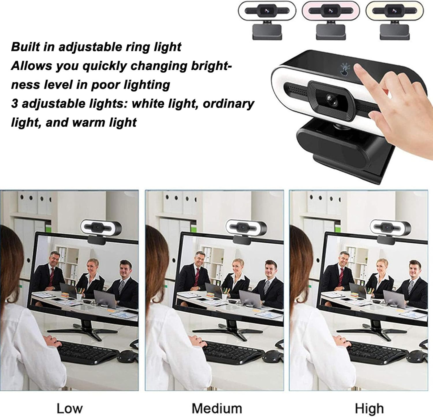 1080P HD Webcam with Microphone, Computer Web Camera Wide Angle with Adjustable Ring Light for for OS X, USB Webcam for Video Streaming Conference image number 5