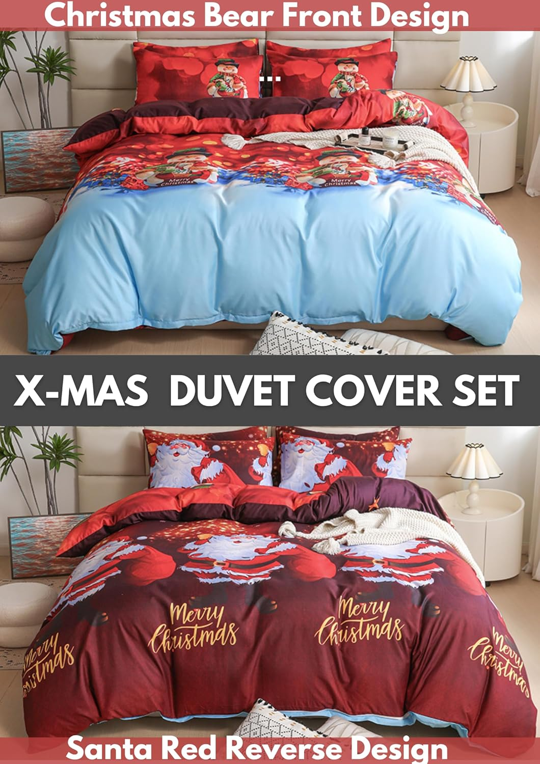 Father Christmas Royal Santa Claus Merry Santa Xmas Duvet Quilt Cover & Pillowcase Bedding Set Multi-Colour Snowman Presents Set Ultra Soft Easy Care, Modern Design (Christmas Bears, Single) image number 3