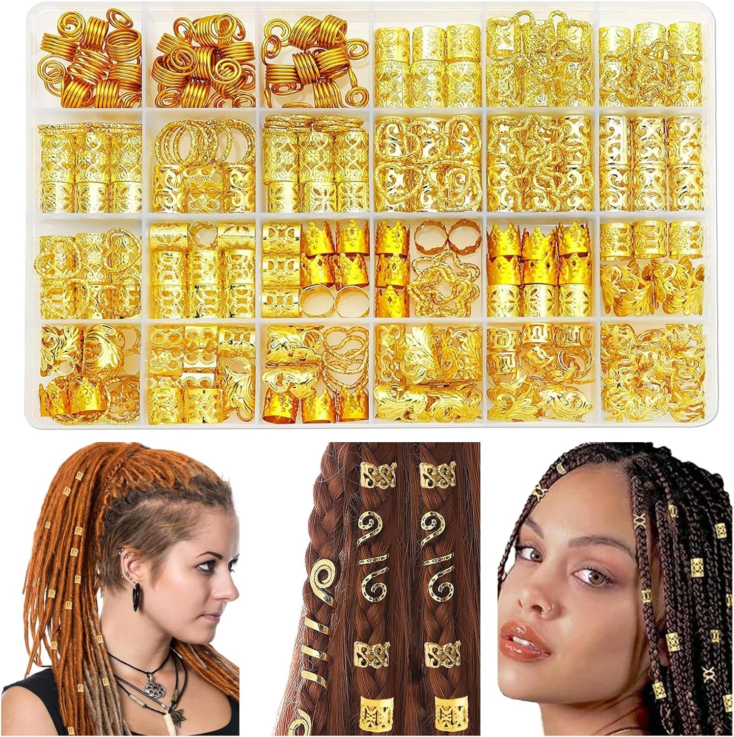 LMXMGRG 290Pcs Silver Jewelry for Braids,Loc Jewelry for Hair Dreadlock,Dreadlocks and Beards Metal Braid Clips Metal Gold Braids Rings Cuffs Clips for Dreadlock Accessories Hair Braids Jewelry Decorations