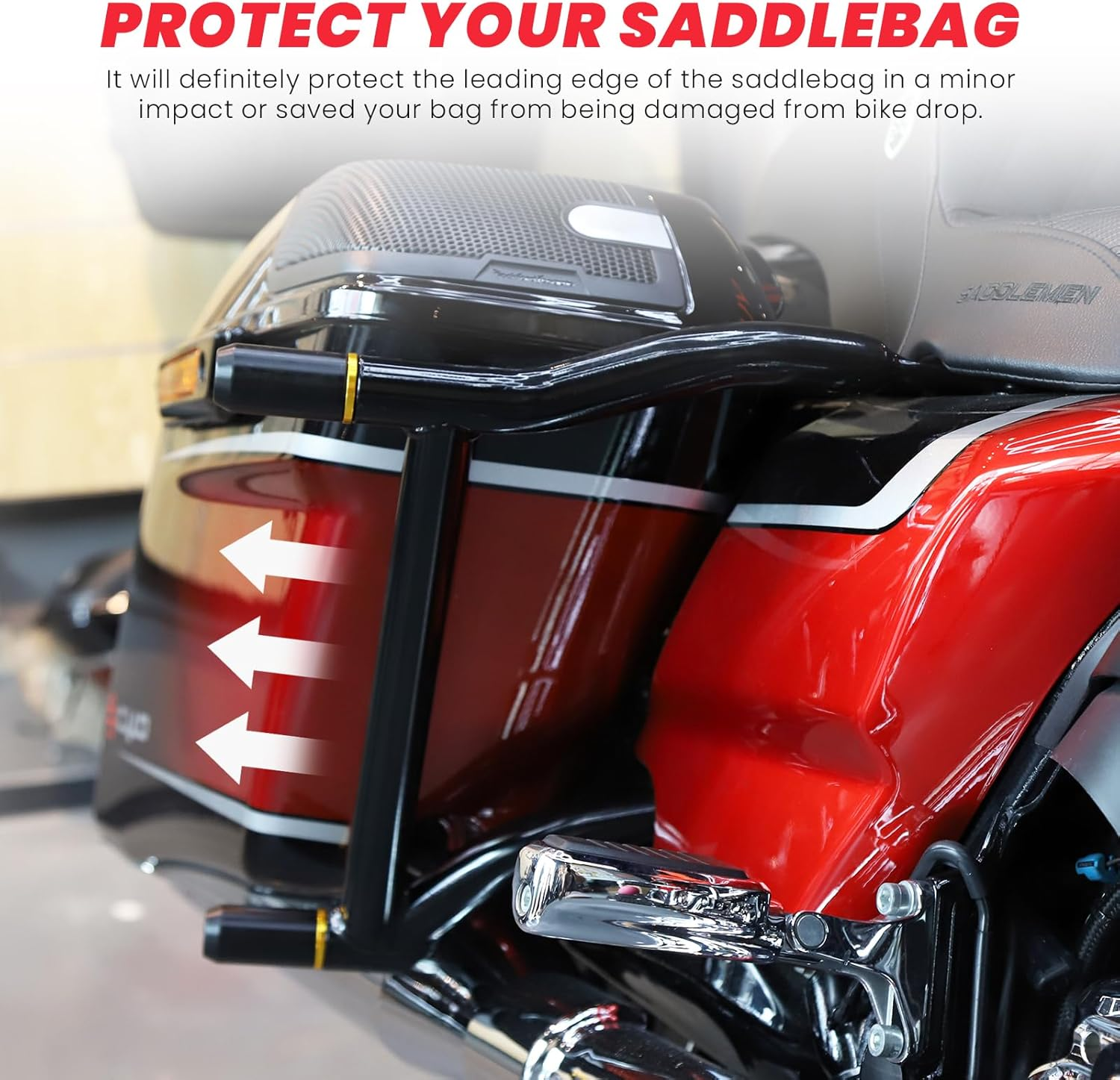 Saddlebag Guard Crash Bar Bracket Compatible with Harley Davidson Touring Street Glide Road Glide Road King Electra Glide Ultra Limited CVO Black Tip over Bar 2009-2025 image number 5