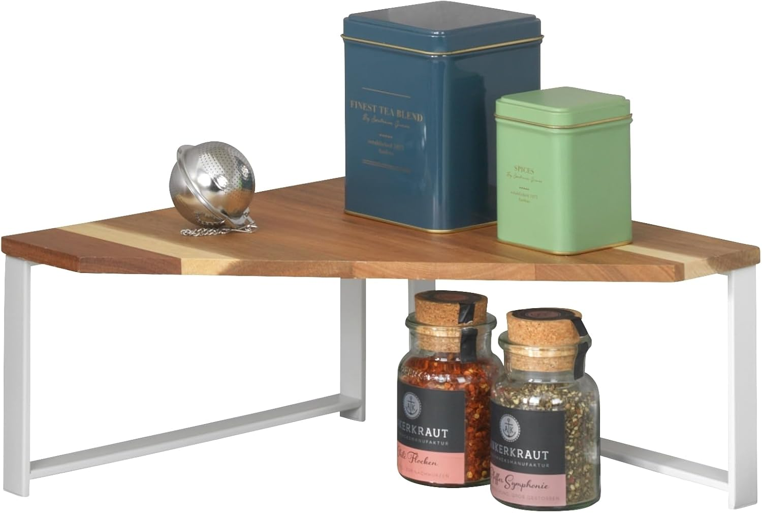 WENKO Louisa Kitchen Corner Shelf, Small Acacia Wood and Metal Countertop Shelf, Creates More Storage Space in the Kitchen, 30 X 15 X 30 Cm, White