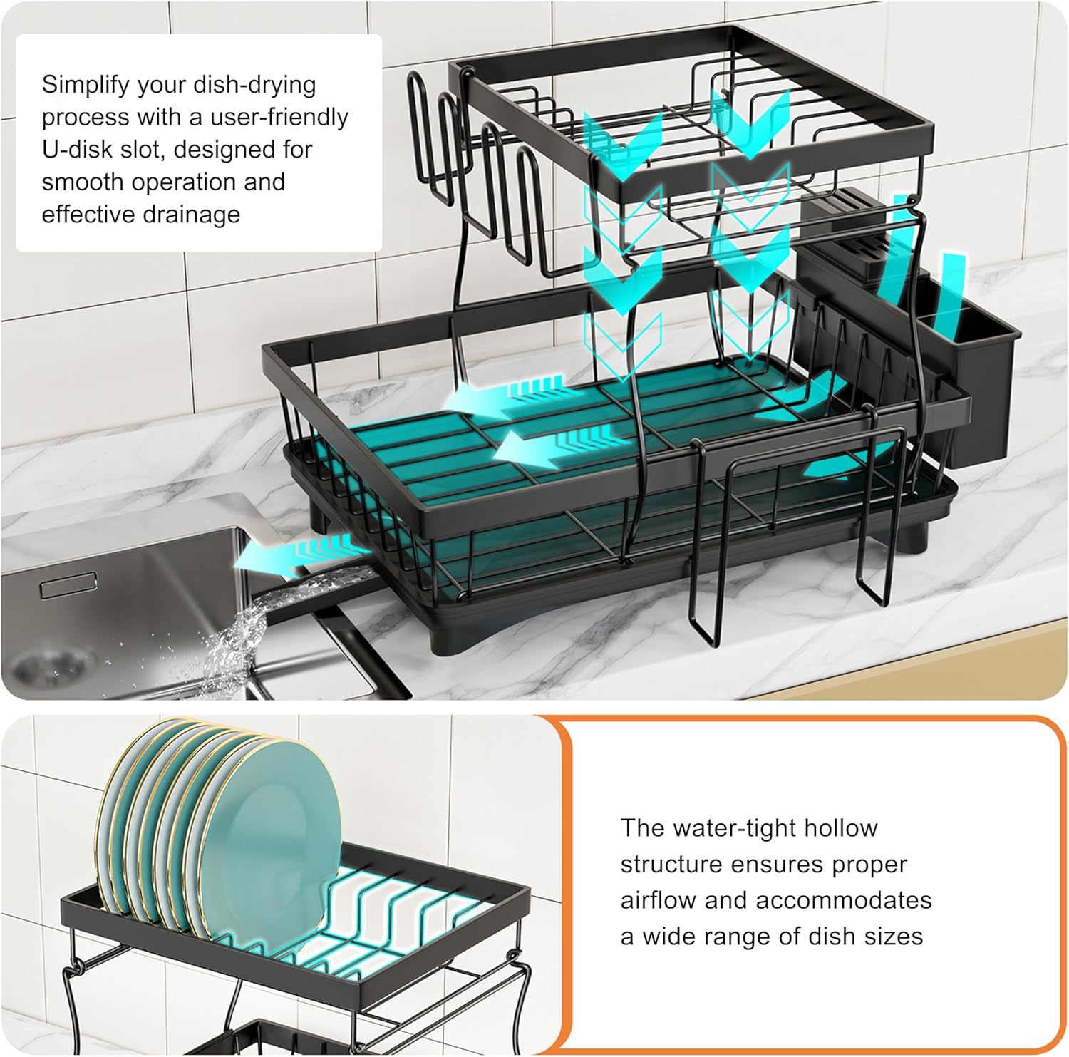 2-Tier Dish Drying Rack &ndash; Heavy-Duty Dish Drainer with 360&deg; Rotating Drainage System, Space-Saving Kitchen Storage & Organization, Black image number 2