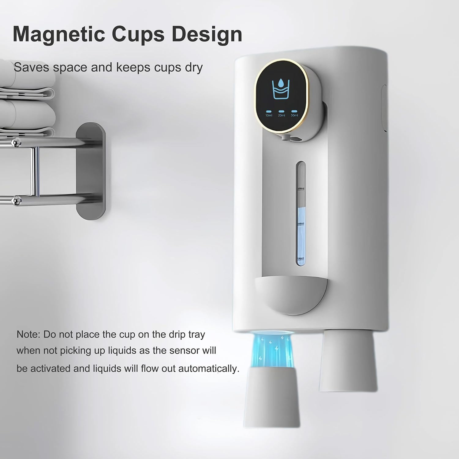 Mouthwash Dispenser, Automatic Touchless Mouthwash Dispenser for Bathroom, 3-Mode Adjustable, 540Ml Mouth Wash Dispenser with 2 Magnetic Cups, Wall Mounted, White image number 4