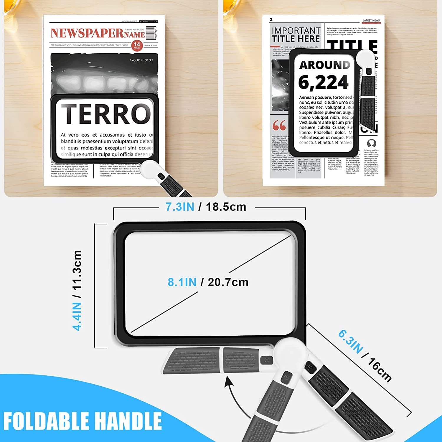 5X Magnifying Glass for Reading, 7.3 * 4.4" Full-Page ，Large Folding Lighted Magnifier with 48 LED Lights (3Modes), Rectangular Handhold Magnify Lens Gifts for Seniors Reading Books, Prints -Black image number 4