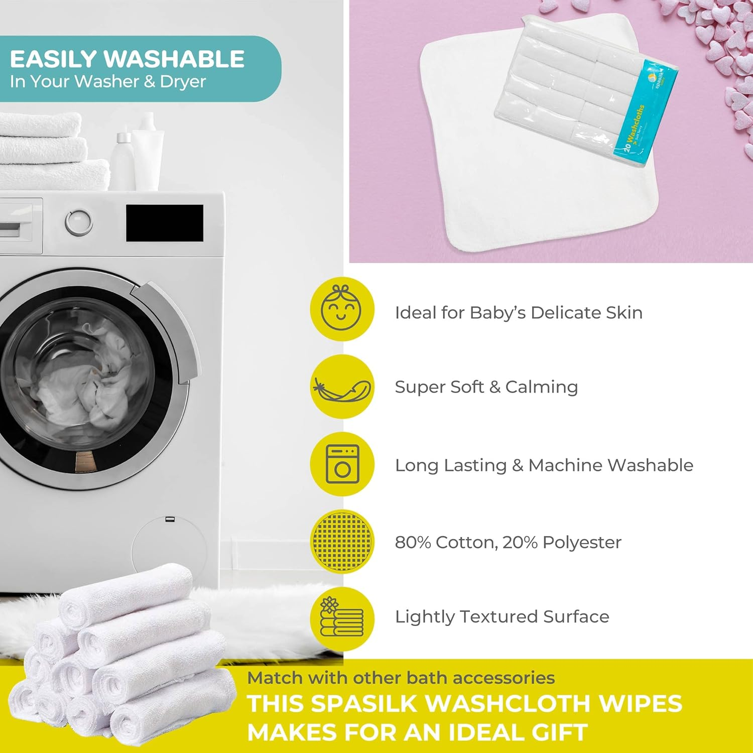 Spasilk Washcloth Wipes Set for Newborn Boys and Girls, Soft Terry Washcloth Set, Pack of 20, White image number 4