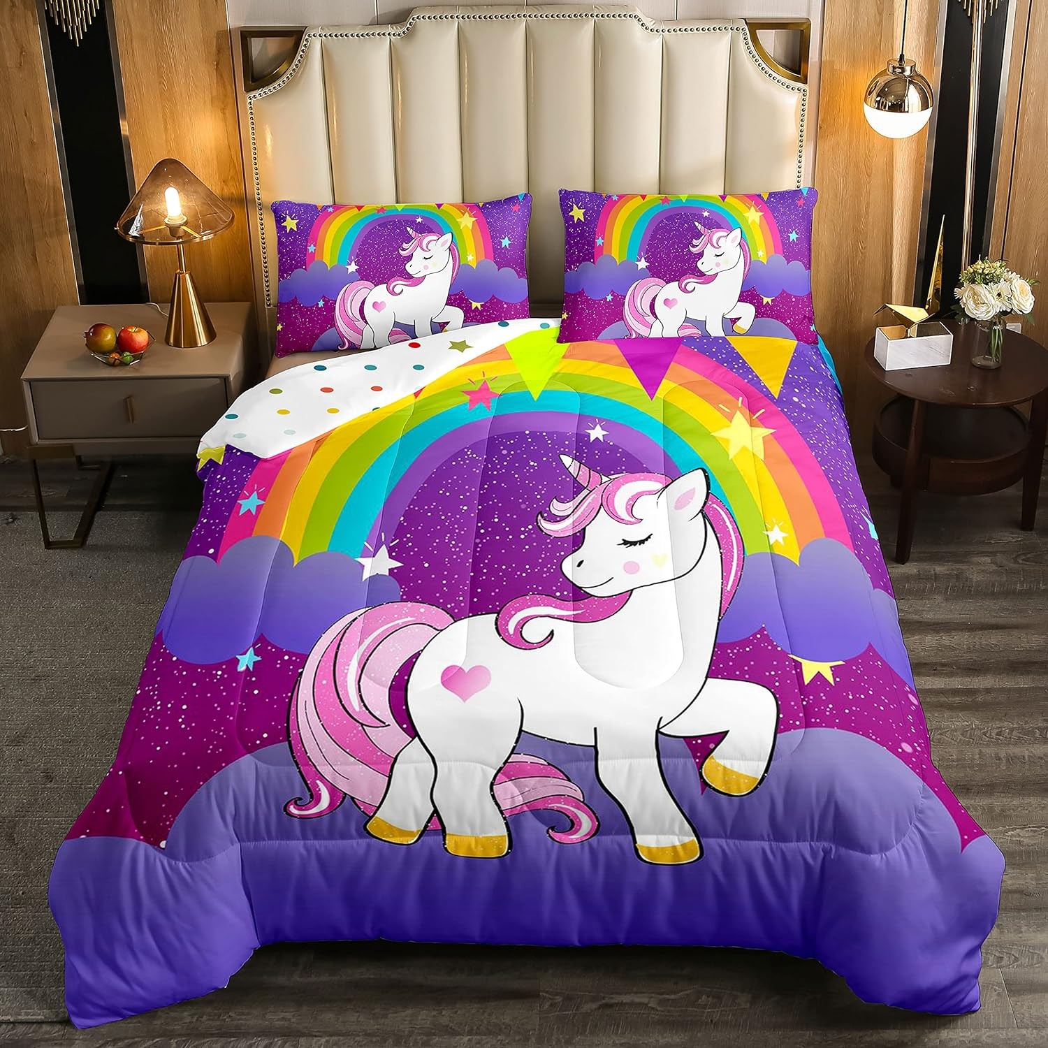 Girls Unicorn Comforter Set Twin Girls Bedding Set Cute Rainbow Unicorn Print down Comforter Kids Cartoon Kawaii Duvet Set Galaxy Stars Fantasy Girls Room Decor Children Unicorn Reversible Purple