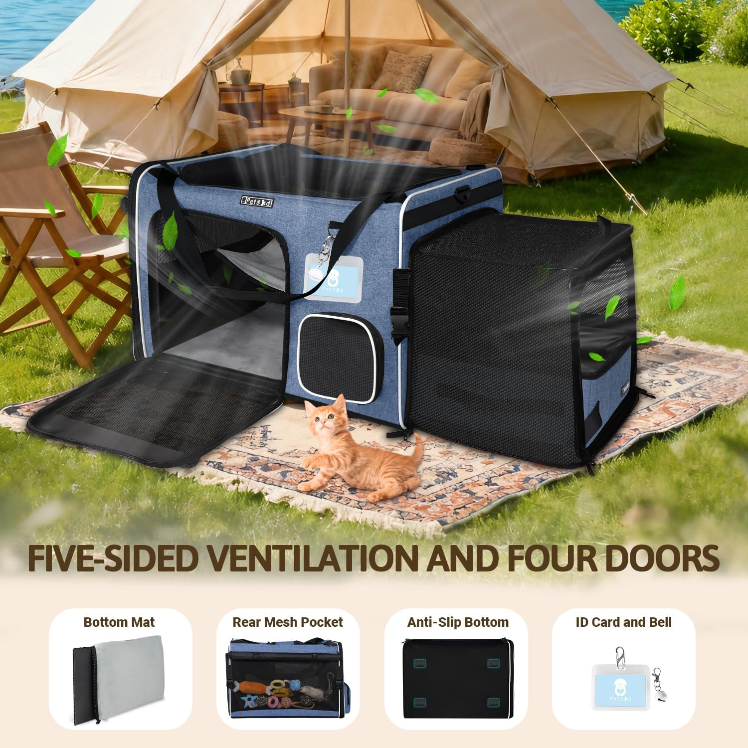 Petskd Side Expandable Extra Large Cat Car Carrier with Collapsible Litter Box for Long Distance Travel,24"X17"X17" Portable Soft Sided Pet Carrier with Roller Shades for 2 Cats up to 55Lbs(Blue) image number 3