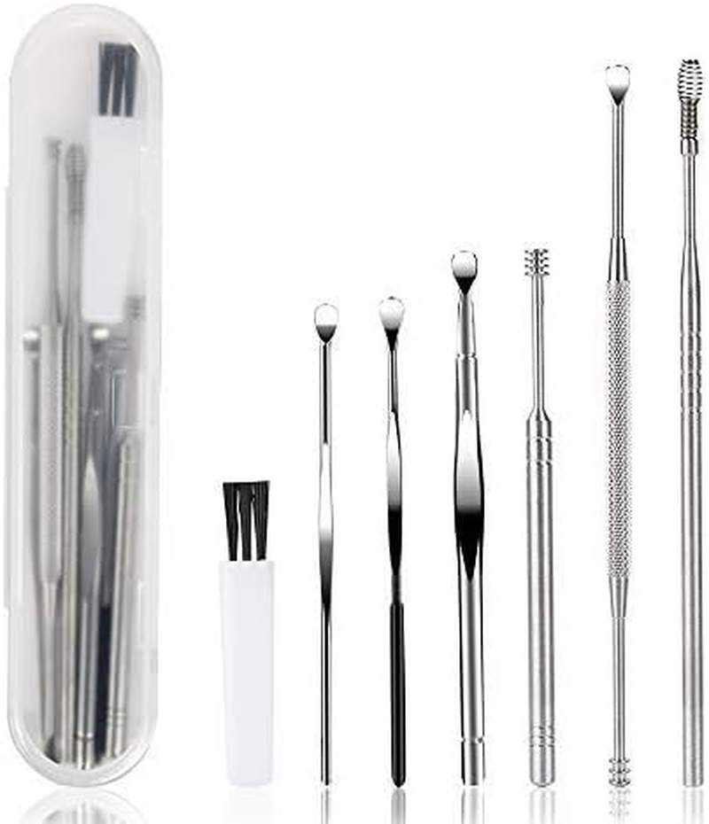 Betybedy 7 Pcs Ear Pick Cleansing Tool Set, Curette Earwax Removal Kit with Small Cleaning Brush and Storage Box, Silver image number 6
