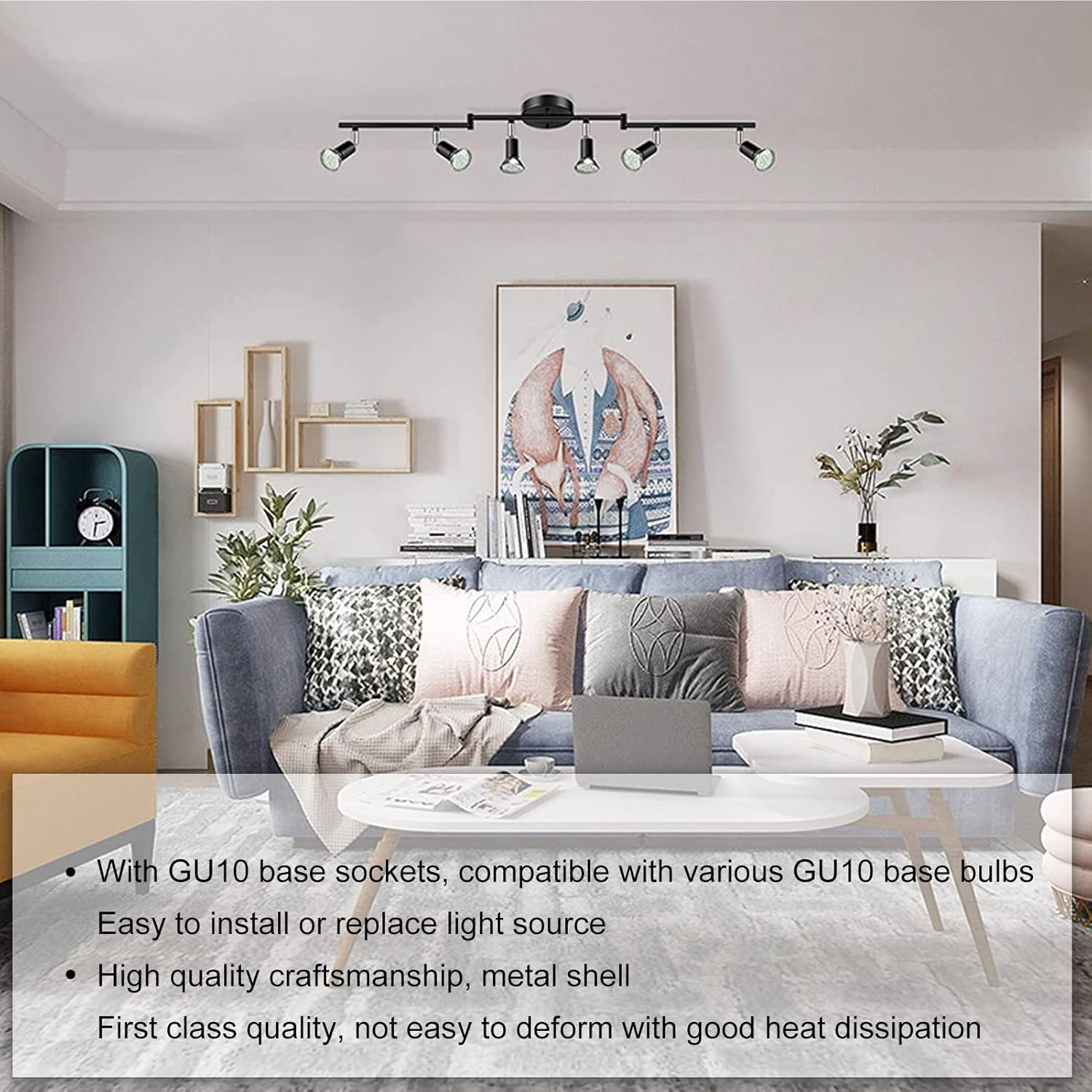 6 Way Ceiling Spotlight GU10 Base Socket, Track Lighting Kit Rotatable Lamp Head, Can Be Tilted 90&deg;, Adjustable Lighting Angle, for Showrooms, Exhibition Halls, Museums, Cafes,