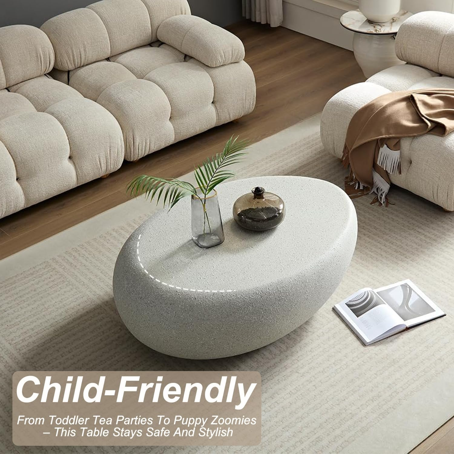 Oval Coffee Table &ndash; Beige Faux Stone Finish, Modern Fiberglass Drum Design, Minimalist Accent Table for Living Room, Bedroom, Apartment or Office, Outdoor, No Assembly Needed - Black - Oval 100Cm image number 7