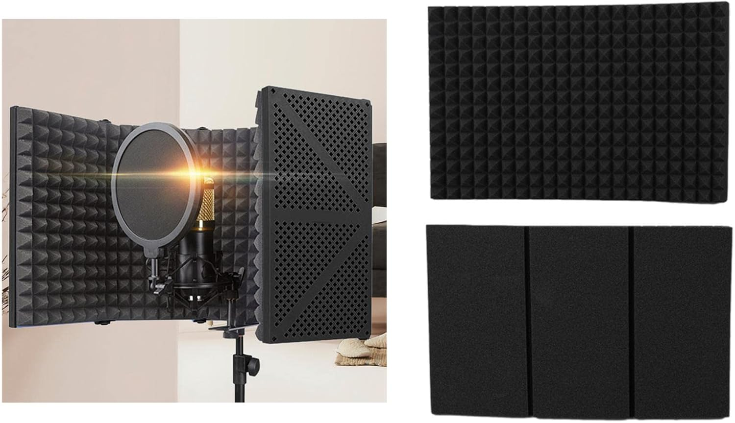 Microphone Isolation Shield Studio Recording Professional Easy to Install Recording Acoustic Microphone Shield, 3 Panels