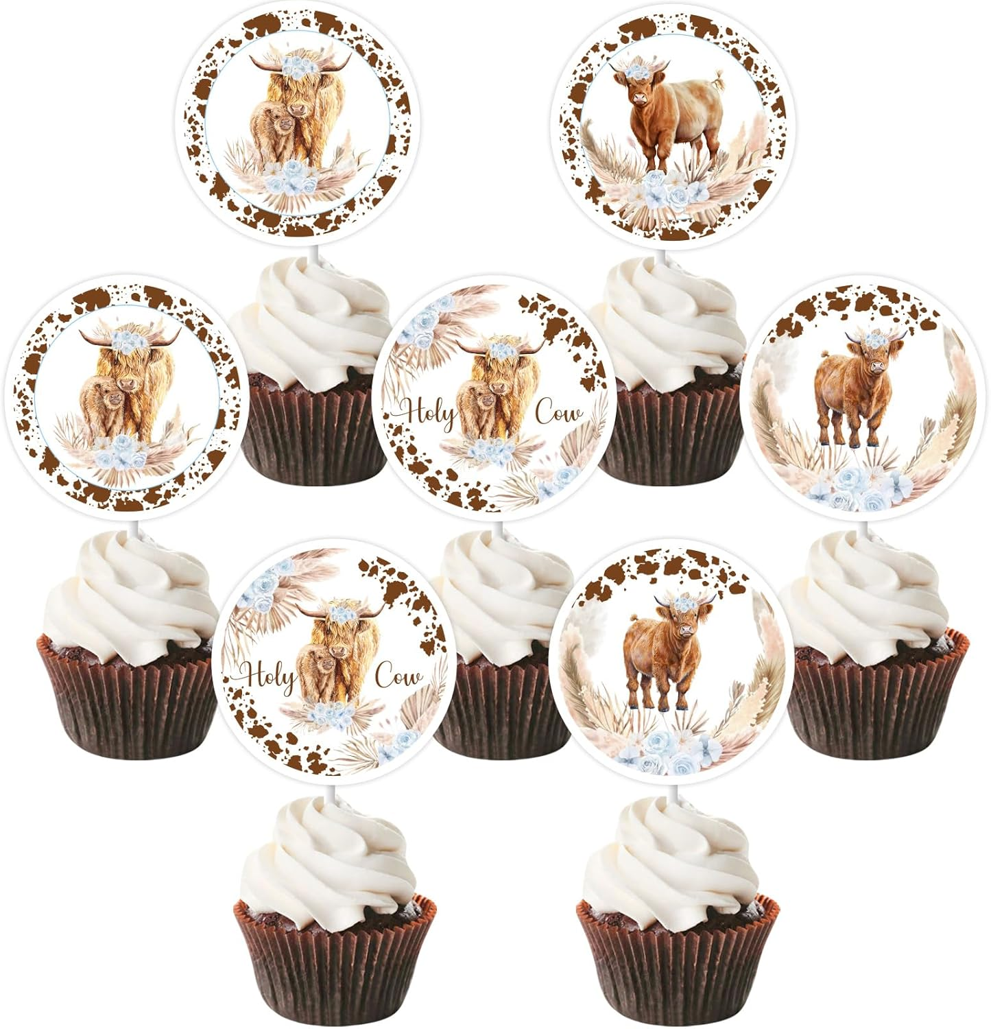 36Pcs Highland Cow Cupcake Toppers Blue for Boys Highland Cow Baby Shower Decorations, Highland Cow Birthday Party Supplies image number 3
