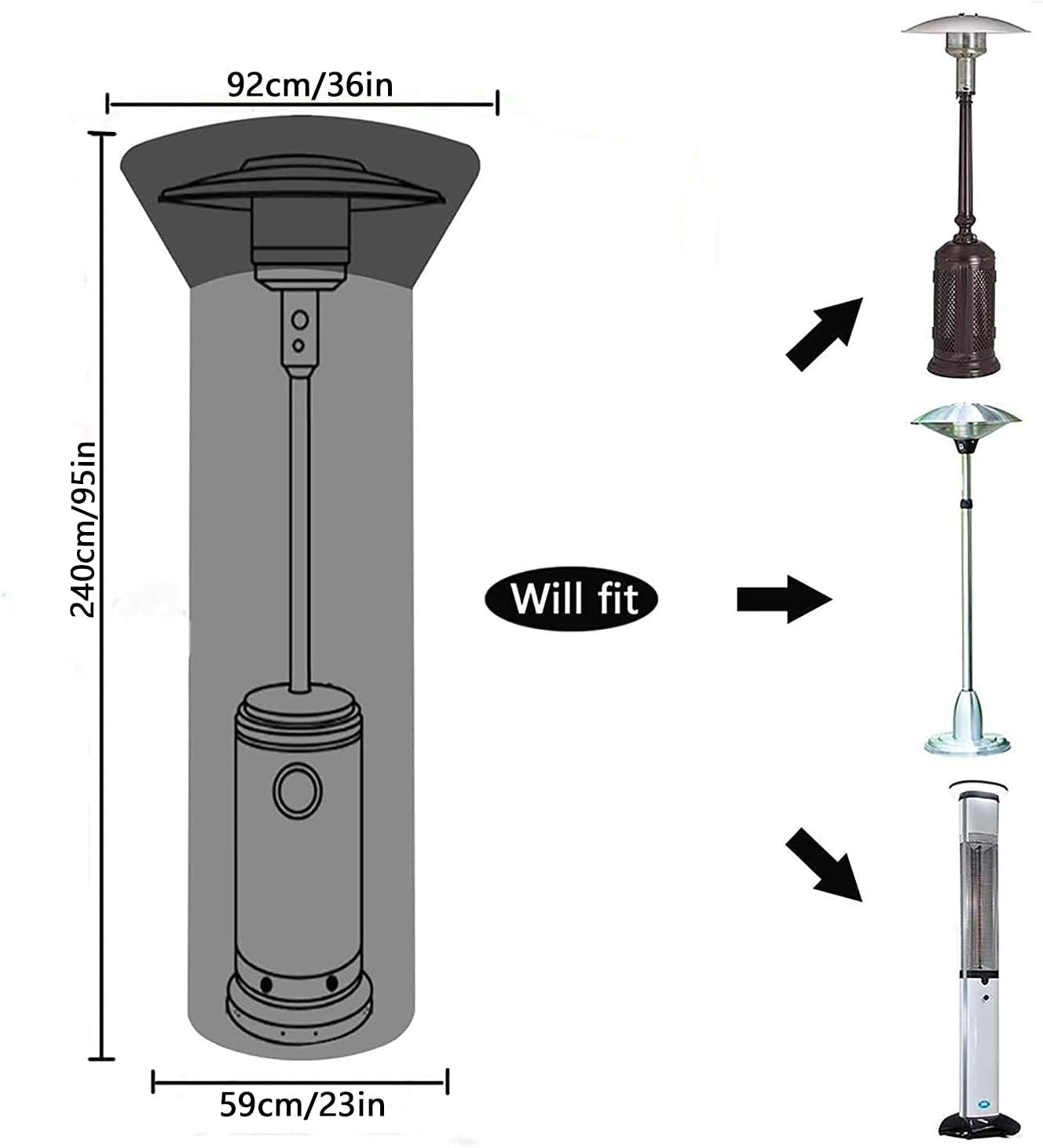 Patio Heater Covers 210D Oxford Fabric Waterproof Windproof Dustproof Cover with Zipper,Mayhour Anti-Uv Black Outdoor Stand up round Heater Radiator Covers for Garden Courtyard Furniture Protector (95X26 X 23Inch/240X92X59Cm)