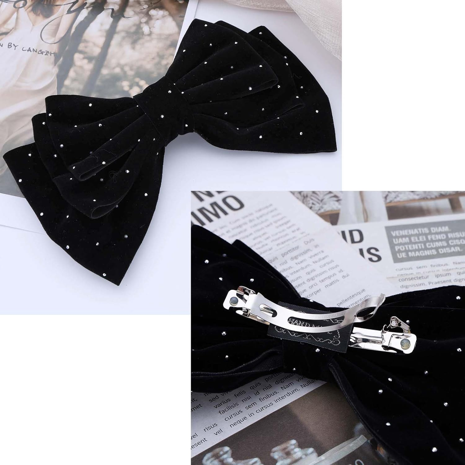 Large Hair Bows Women Velvet Bow Hair Clips Glitter Bow Clips Cute Hair Bow Clips French Hair Band Bow Crystal Bows Party Wedding Barrette Bowknot Black Red image number 6