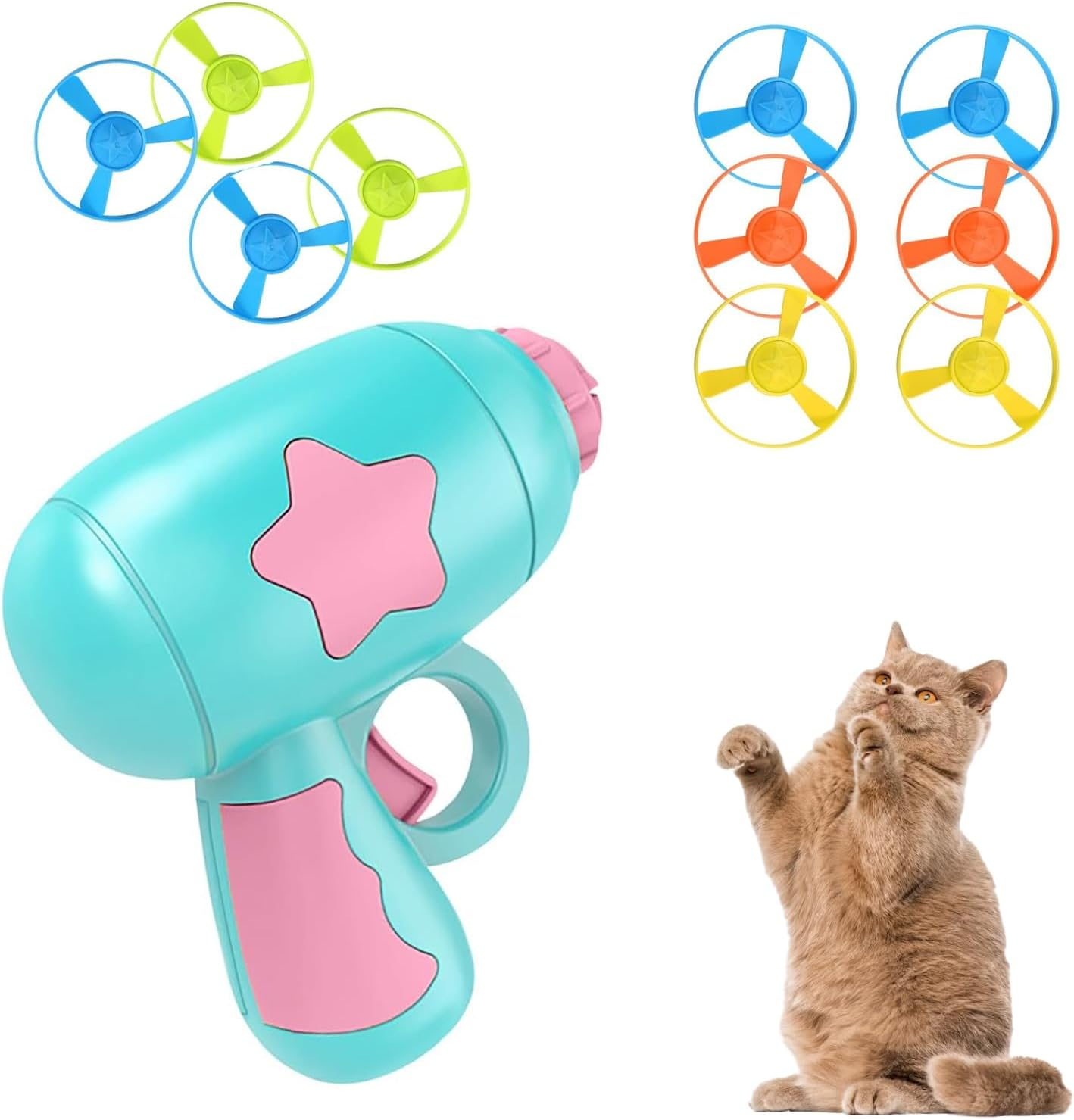 Gamrong Cat Toy Cat Fetch Toy Pet Toy for Cat, Cat Toy Sets 4 Launchers and 20 Colourful Flying Chasing Saucer Propellers for Interactive, Training, Hunting, Hitting image number 1