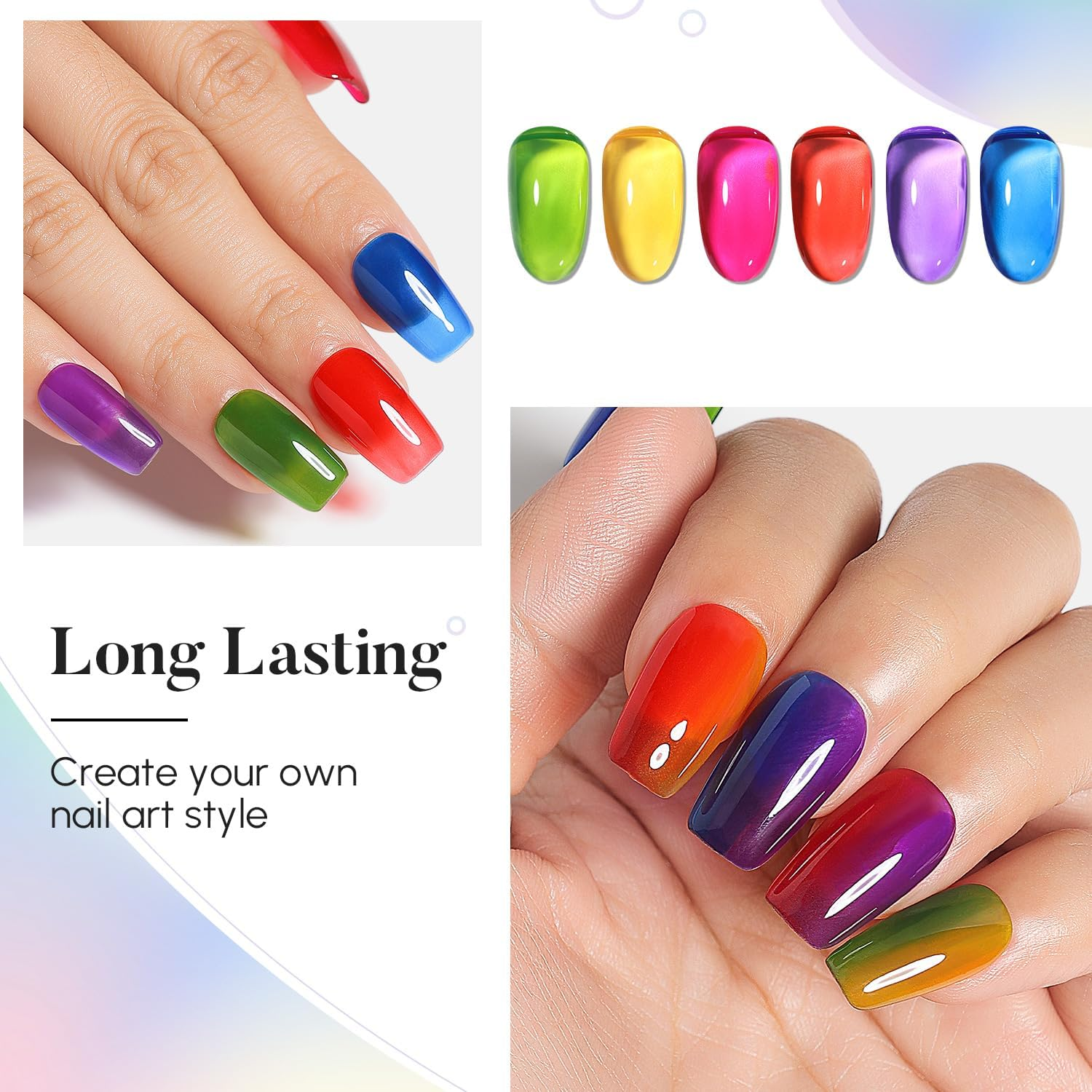 Nicedeco Cruelty-Free Vegan Jelly Neon Gel Nail Polish Set,Green Yellow Red Purple Blue Pink Jelly Nail Polish Soak off UV LED for Salon and Nail Art DIY Nail Gel Polish Set 6 Colors-45 - Nset6-46 image number 7