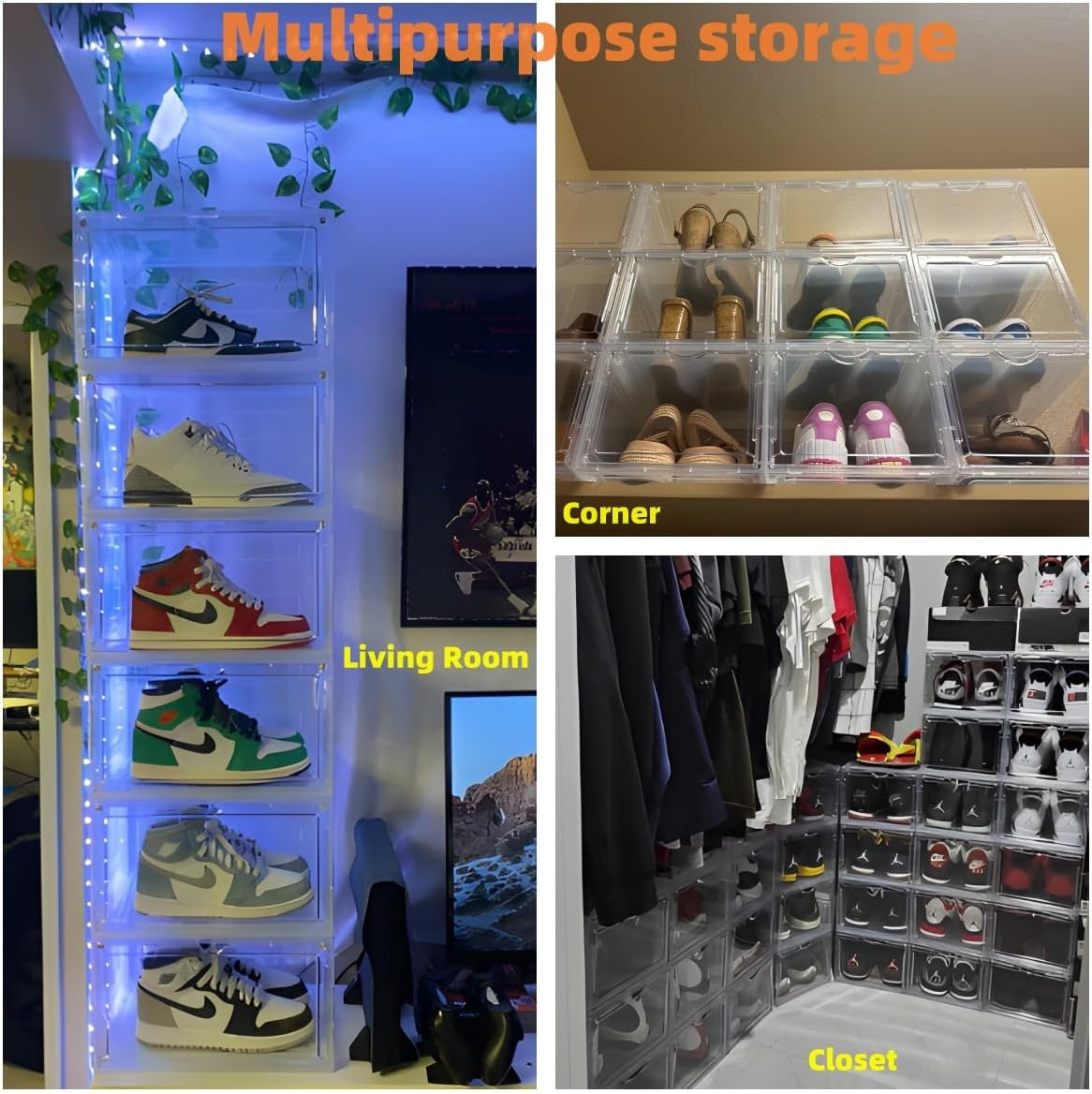 4 Pack Thicken Shoe Organizer Stackable, Containers for Sport Sneaker Display,Upgraded Sturdy Shoe Storage Box with Magnetic Door, DIY Shelving System - Black image number 5