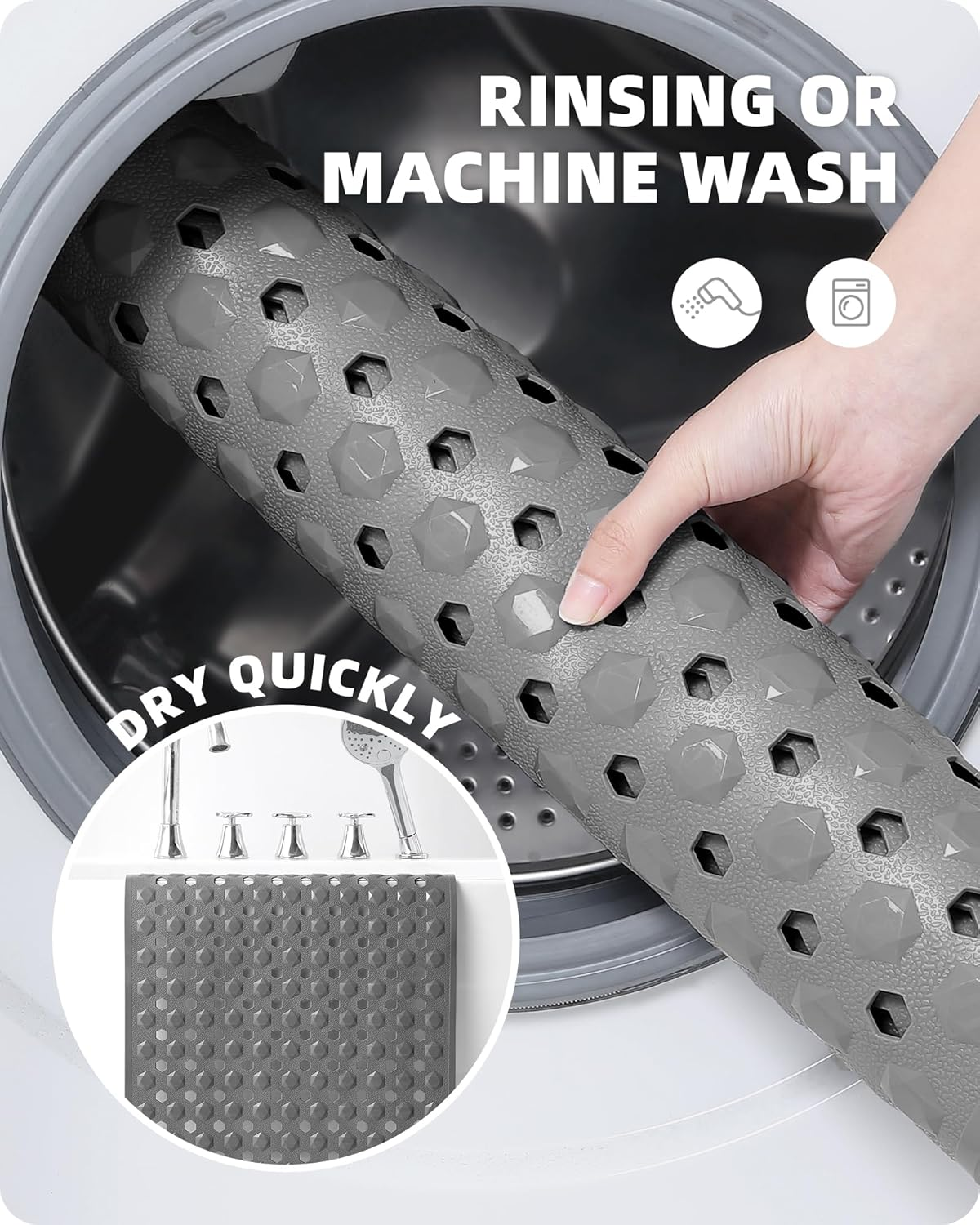 Color&Geometry Bathtub Mat Non Slip 16"X39", Long Bath Tub Mat with 187 Suction Cups and Bigger Drain Holes, Easy to Clean, Quick Dry Shower Mats for inside Shower for Kids, Elderly,Grey