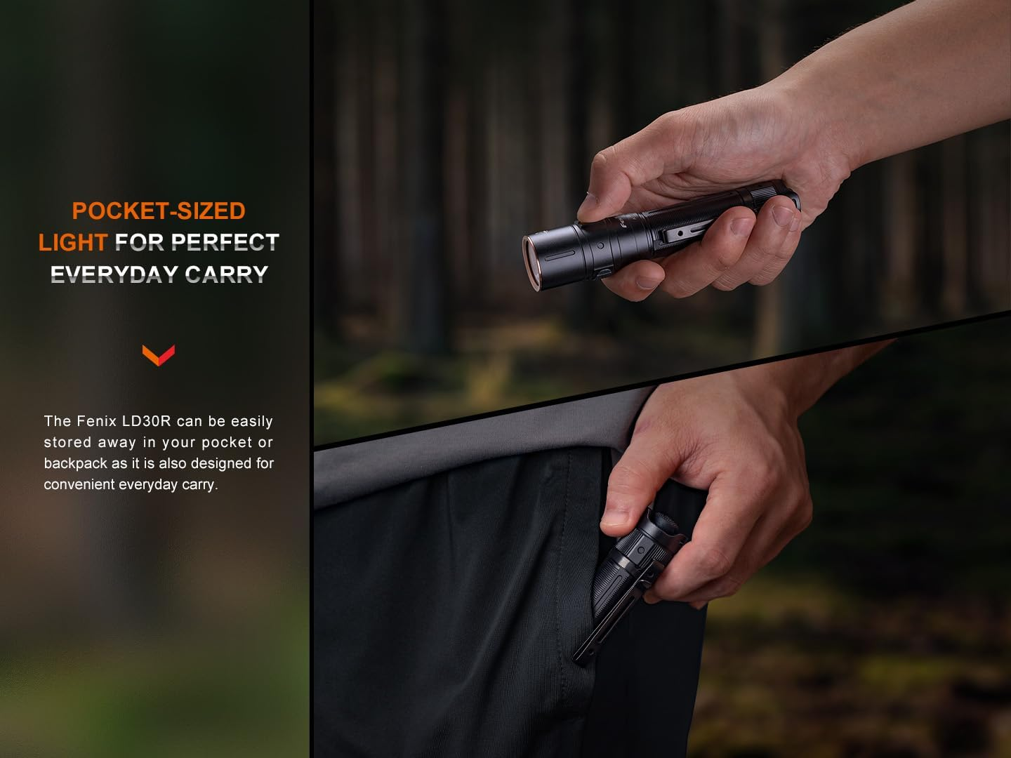 Fenix LD30R EDC Flashlight - 1700 Lumen USB-C Rechargeable Torch - Everyday Carry Compact Flash Light - EDC Duty Light with Durable Pocket Clip - Rechargeable LED Flashlight - Black image number 4