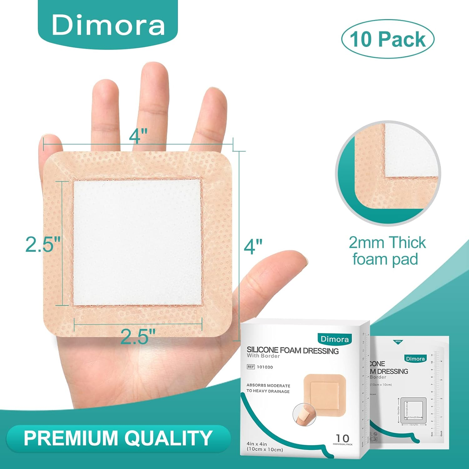 Dimora Silicone Foam Dressing with Border Adhesive 4"X4" Waterproof Wound Dressing Bandage for Wound Care 10 Pack image number 1
