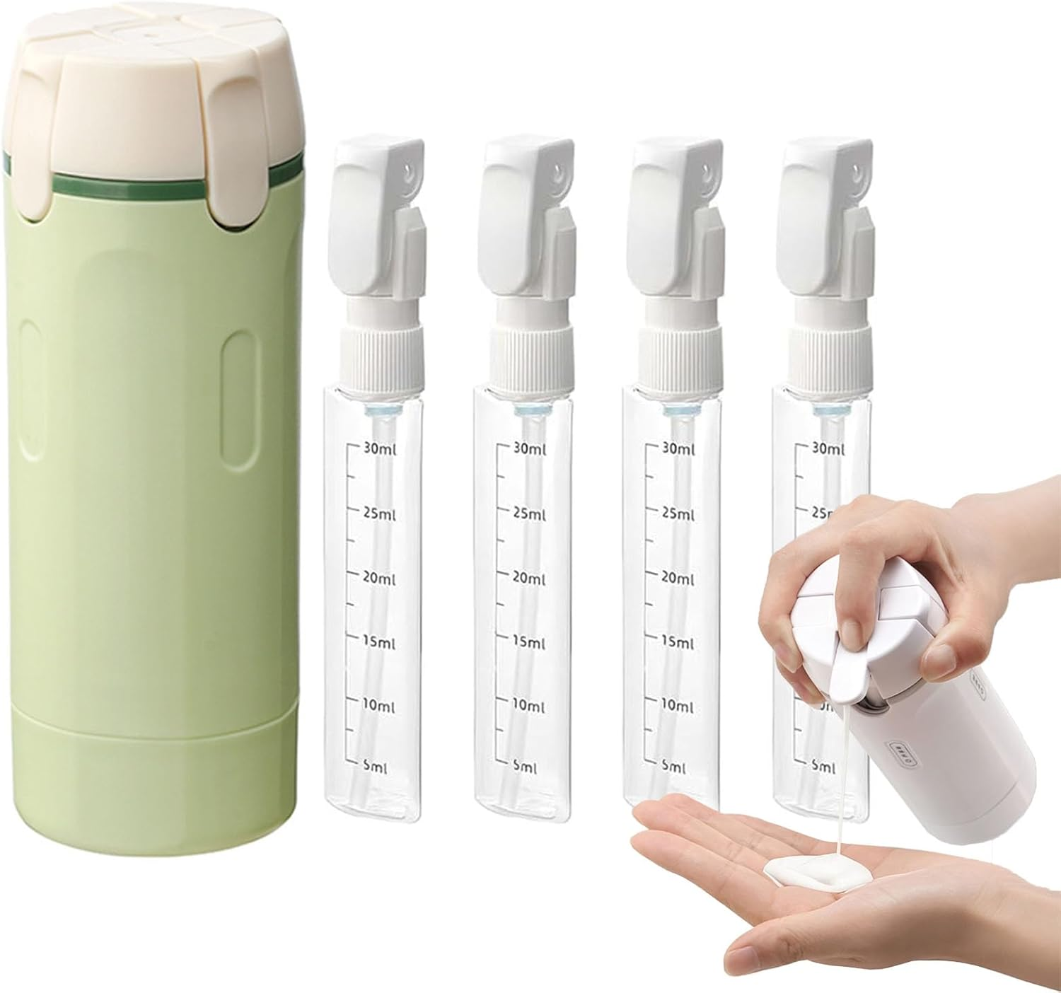 4-In-1 Travel Dispenser Bottle, Refillable Leak-Proof Portable Toiletry Containers for Shampoo, Conditioner, Lotion and Soap, Compact Travel Size Bottle Set (White)