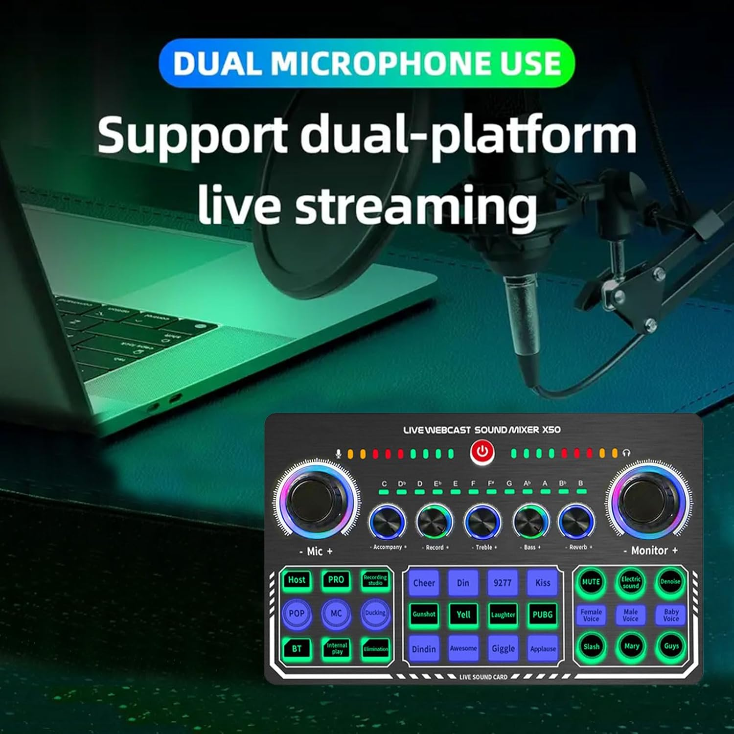 Annuoyi Professional Audio Mixer,Sound Card Mixer,X50 Portable Audio Mixer with DJ Mixer Effects and Voice Changer for Singing/Pc Video Chat/Live Streaming/Broadcast/Karaoke image number 2