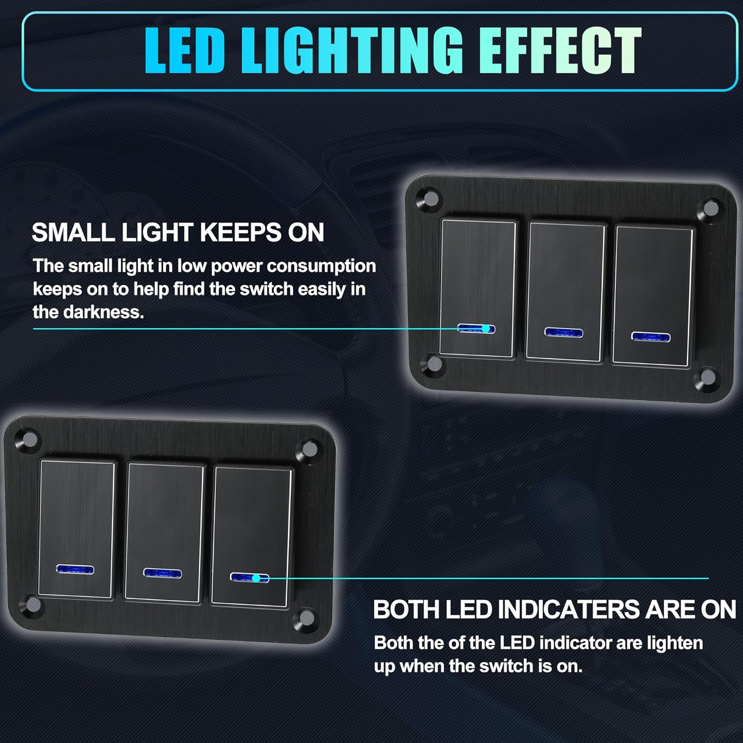 X AUTOHAUX 3 Gang Rocker Switch Panel 3 Pin on off Pre-Wired Toggle Switch Control Waterproof Aluminum Alloy Blue LED Light Push Button for 12V 24V Black - Gold Tone image number 7