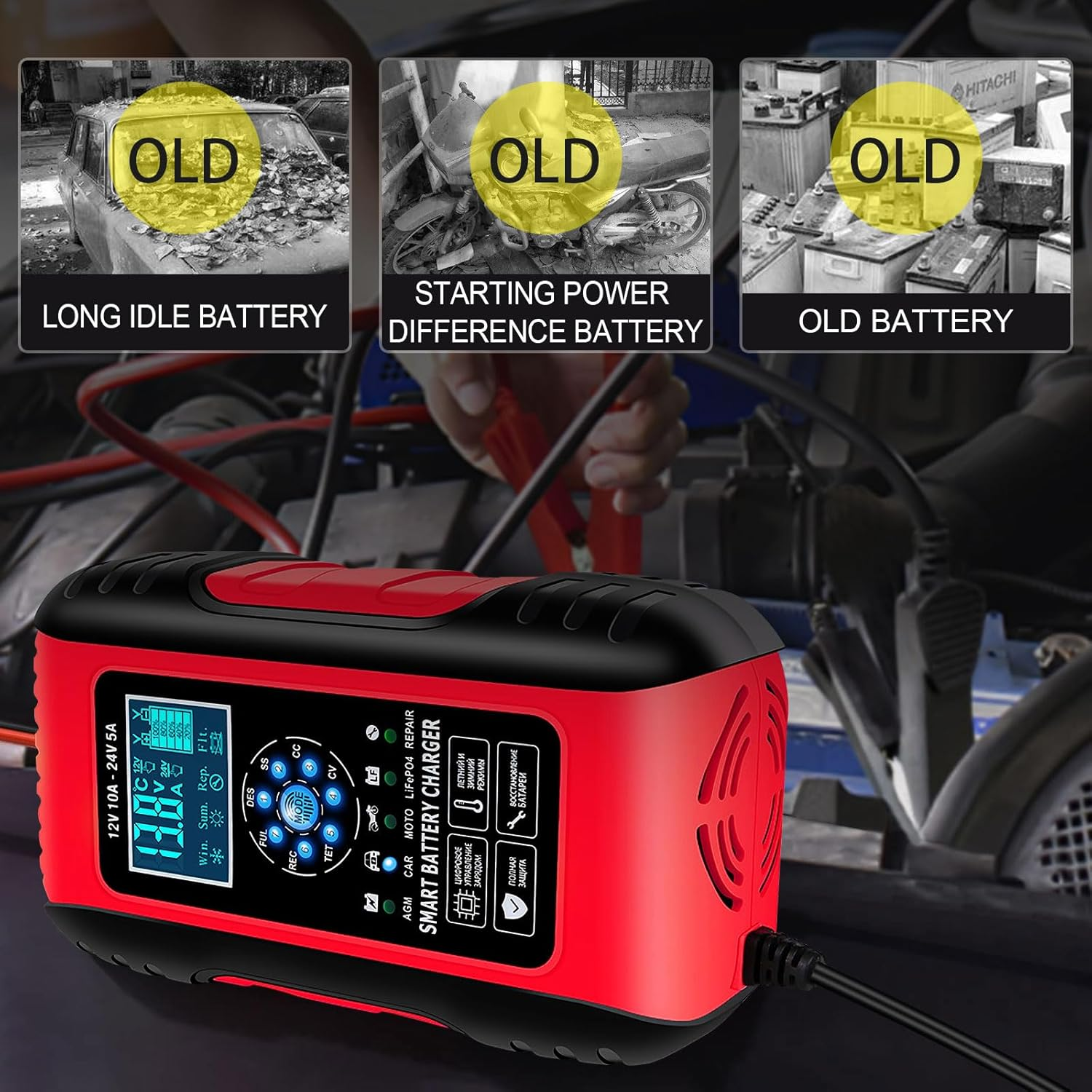 Car Battery Charger, 10A Lifepo4 Lead Acid Car Battery Charger, Upgraded Automobile Trickle Charger 12/24V, 12V Battery Charger Trickle Charger for Car Truck Motorcycle Lawn Mower Boat Marine image number 5