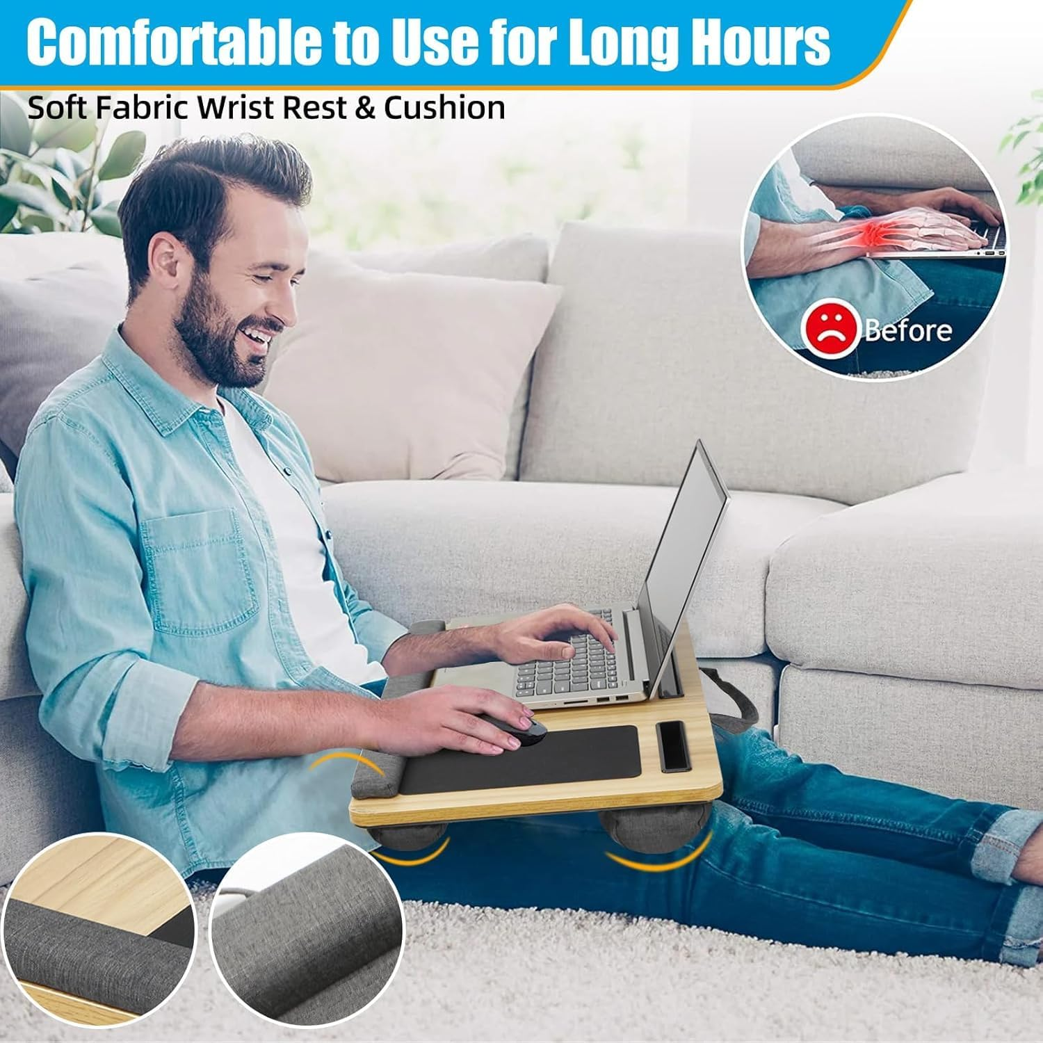 Oversized Lap Desk with Cushion & Wrist Pad &ndash; Portable Laptop Tray with Mouse Pad, Tablet and Phone Holder, Fits up to 17 Inch Laptops for Bed or Sofa (Brown) image number 3