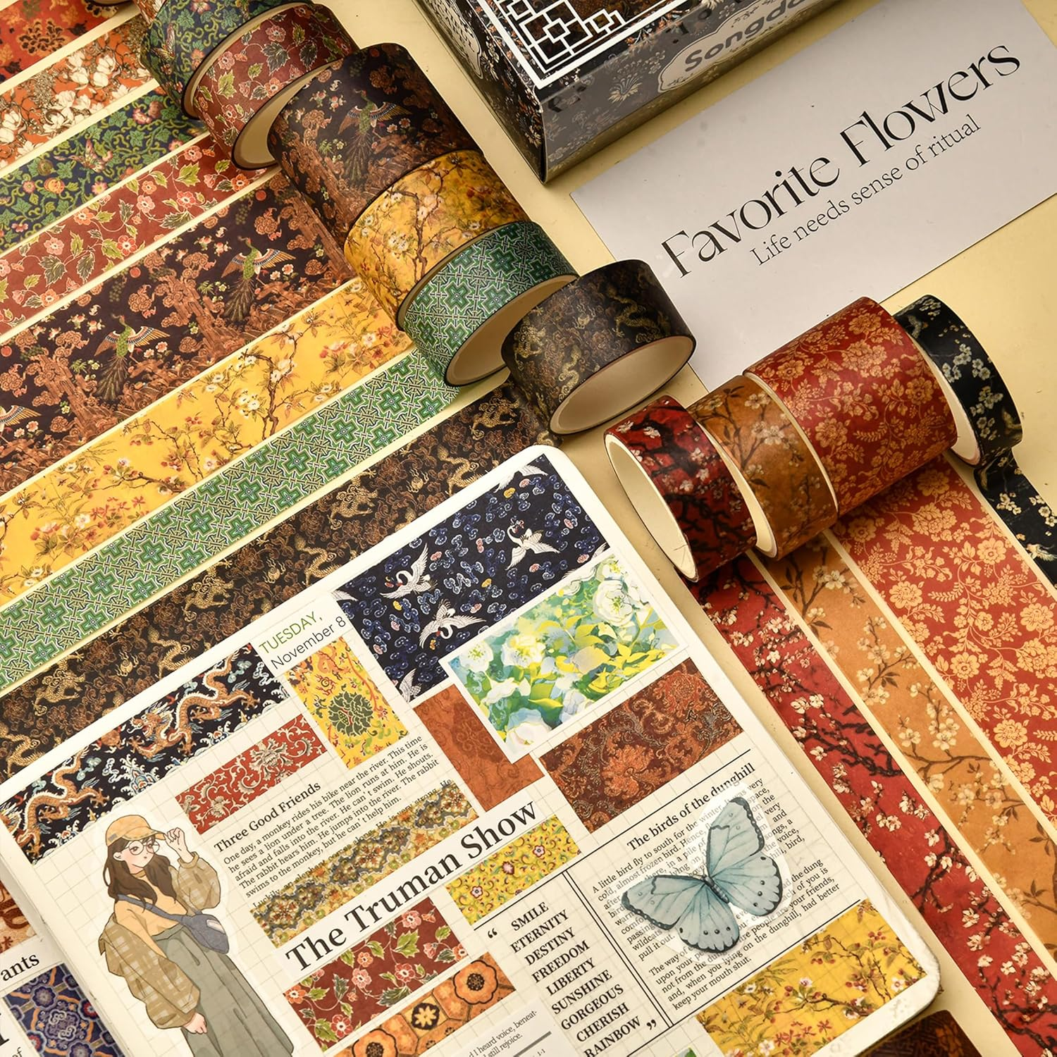 Songdao 12 Rolls Chinoiserie Washi Tape Set Chinese Arts Adhesive Tapes Geometric Garden Decorative Masking Tape Sets for Craft, Kids, Scrapbook, DIY, Gift Wrapping (Whispers of Dragon) - Drifting On Azure Waves image number 7