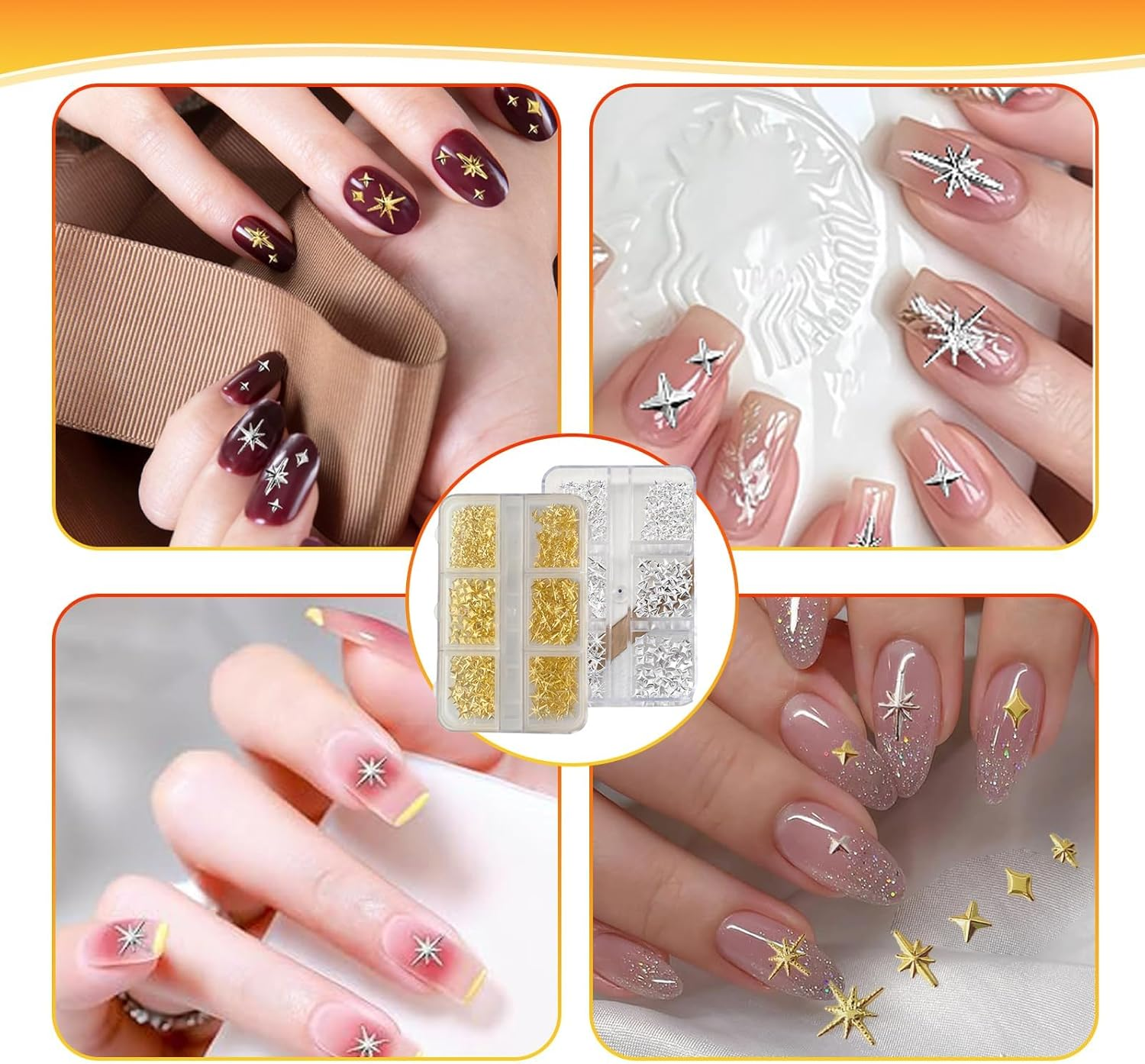 4 Boxes 24 Grids Star Nail Charms, Premium 3D Gold & Silvery Star Charms for Nails Art, Metallic Studs & Rhinestones Nail Jewelry Decorations, Manicure Kit Supplies for Women & Girls image number 4