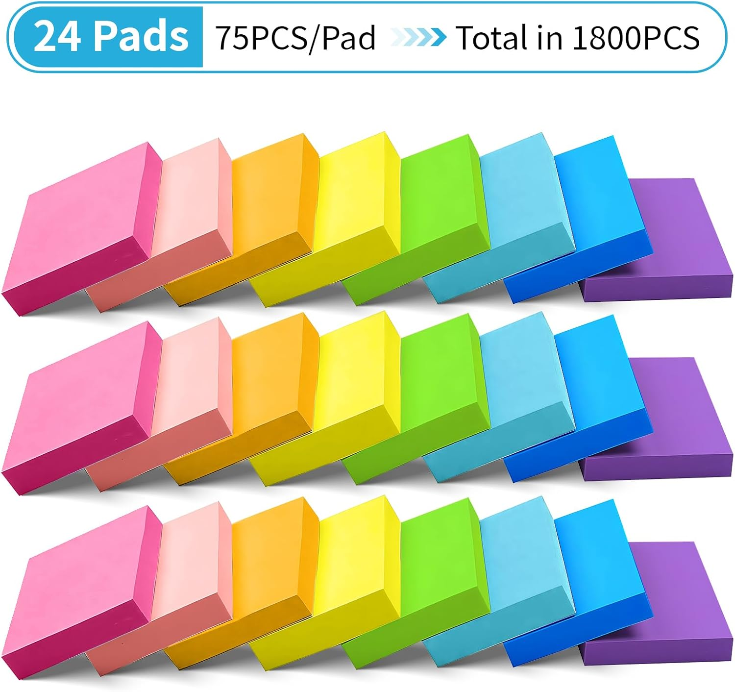 Pack of 24 Sticky Notes, 50 X 38 Mm, Small Sticky Notes, Self-Adhesive Notes Pads for Office, Home, School, Session, 75 Sheets/Notes, 1800 Sheets in Total (8 Colours) image number 2